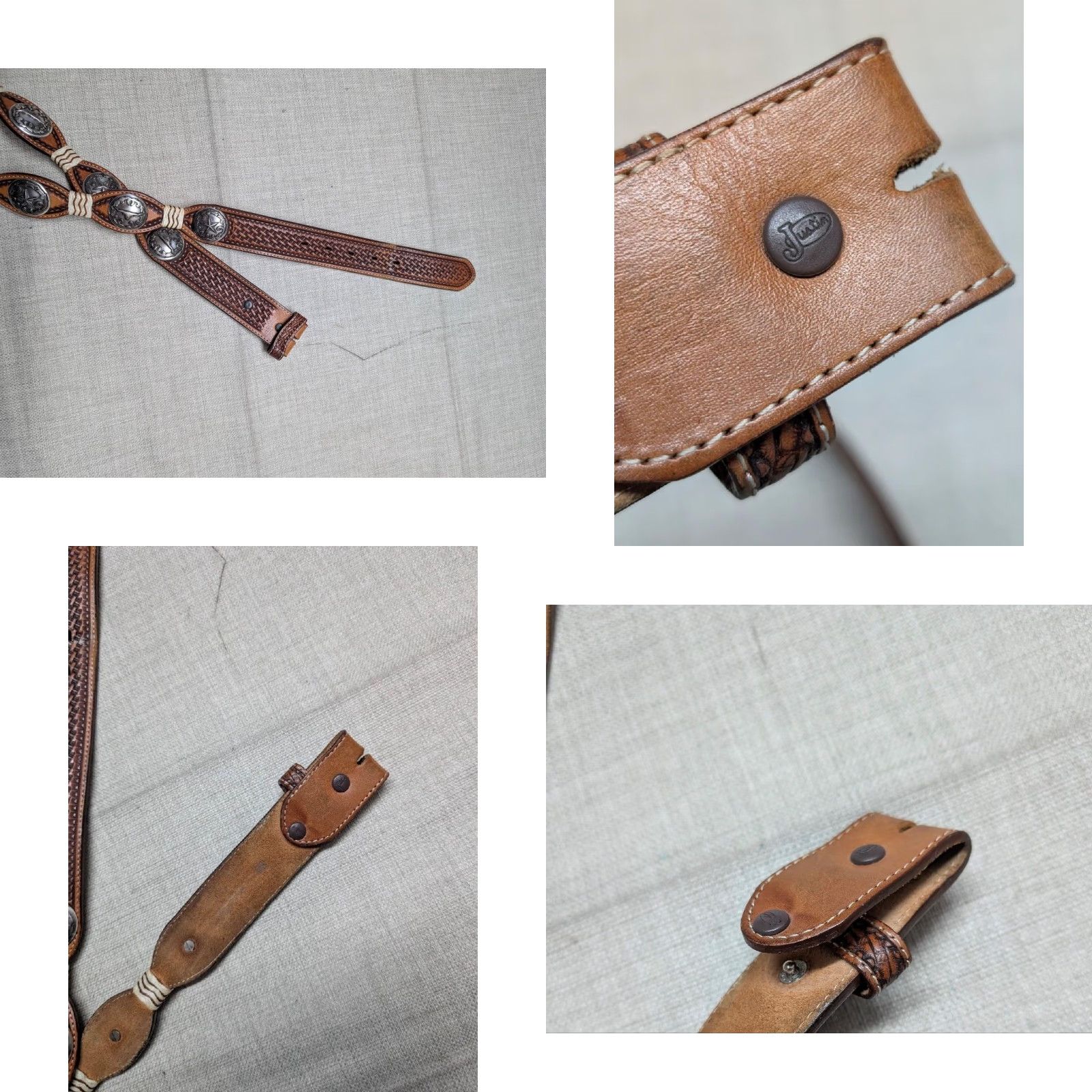 Vintage VINTAGE Justin Western Belt Mens 38 Brown Leather Concho Buckle Texas Lonestar Scalloped Pattern Cowboy Belt Size 38 - 8 Thumbnail