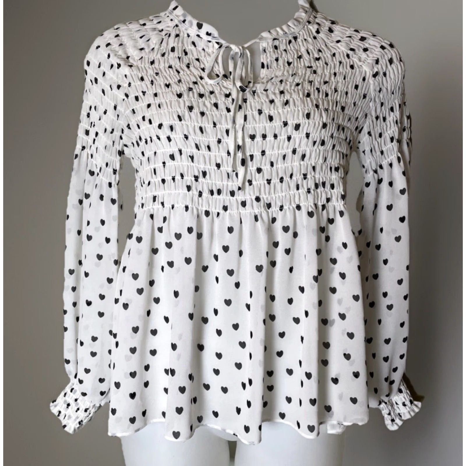Vintage Rose + Olive Blouse L White Hearts Print Chiffon Balloon Sleeve Ruffle Neck Sheer Casual Women Size L / US 10 / IT 46 - 2 Thumbnail