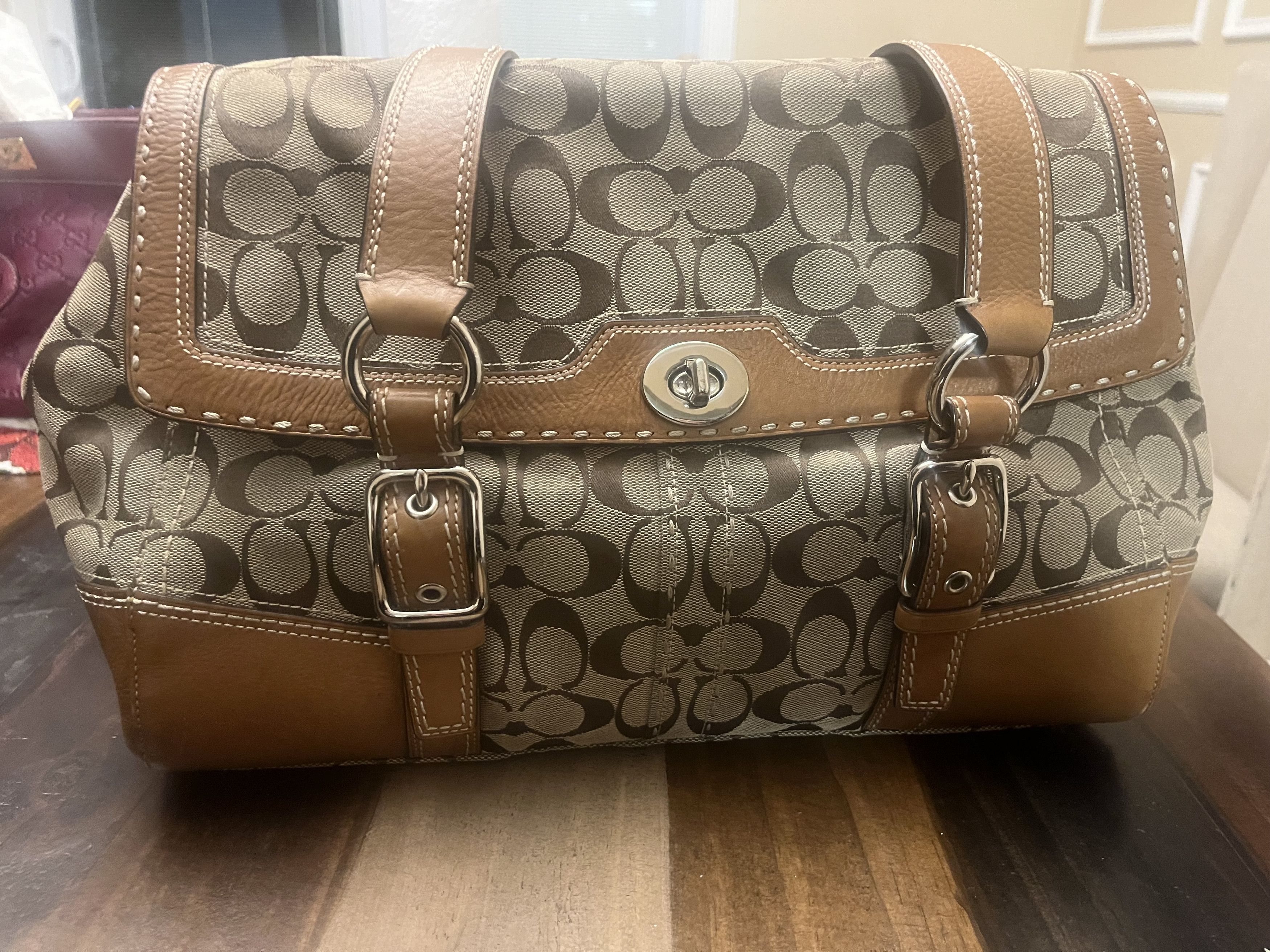 image of Coach Brown And Tan Double Buckle Shoulder Bag in Brown/Tan, Women's