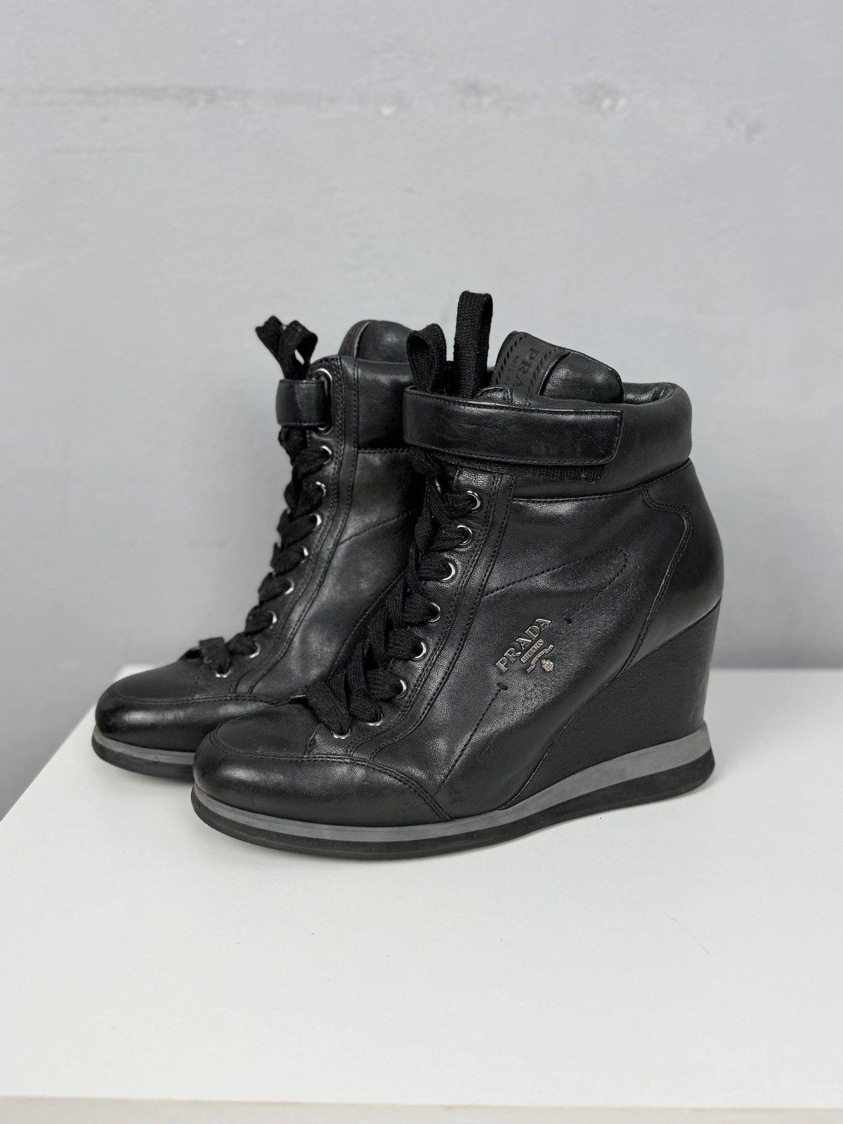 Prada Prada Black Wedge Sneakers Leather High Top EU 37.5 Size US 6.5 / IT 36.5 - 3 Thumbnail