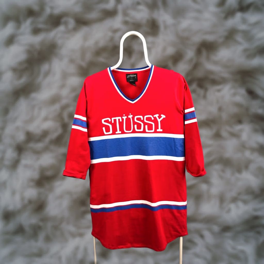 Vintage Stussy Men's T-Shirt S Red Cotton Striped 3/4 Sleeve Long Tee Shirt Jersey Logo Printed Size US S / EU 44-46 / 1 - 1 Thumbnail