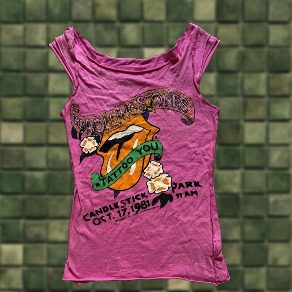 Pinko VINTAGE The Rolling Stones Tattoo You Women Tank Top Pink Rhinestones Amplified Tank S Small Pink Womens Size S / US 4 / IT 40 - 1 Thumbnail