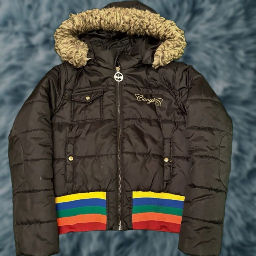 VINTAGE COOGI Australia Quilted Fur Hoodie Jacket Womens M Black Multicolor Fur Trim Hooded Full Zip 90s Y2k Grunge Hip Hop Rainbow Art Mall Core