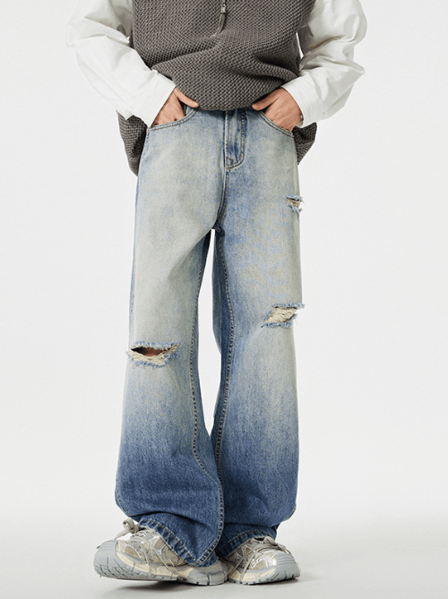 Japanese Brand Light blue vintage distressed straight-leg ripped jeans Size US 32 / EU 48 - 1 Thumbnail