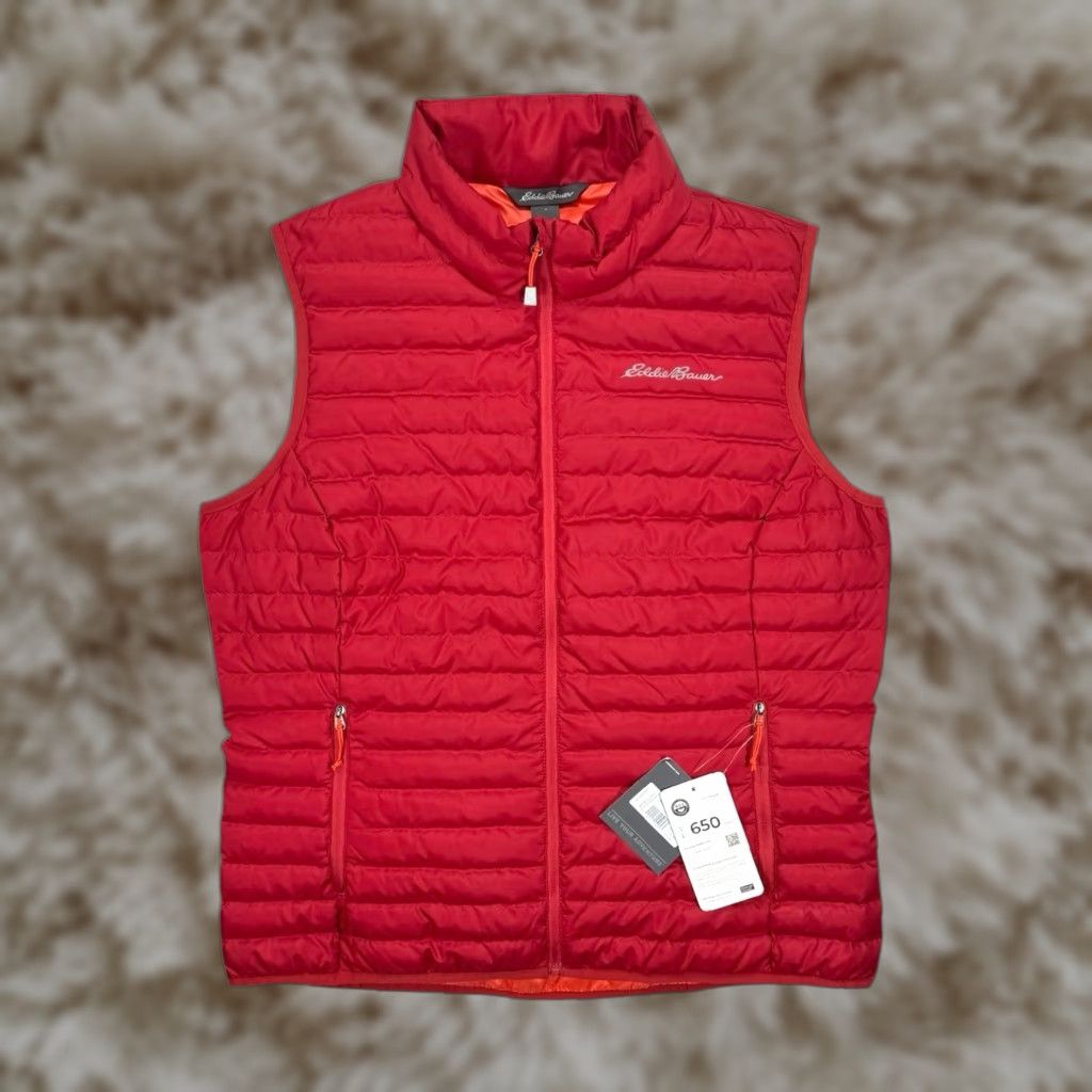 Eddie Bauer Vest Womens Large 650 Down Puffer Zip Red Nylon L New With Tags Outdoor Activewear Winter Fall Spring Mens/Womens