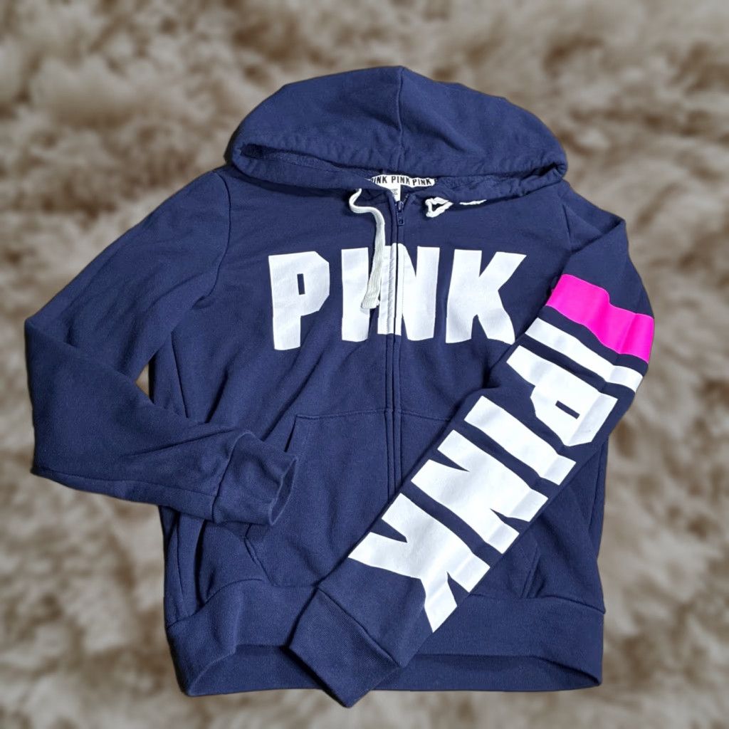 Victoria's Secret PINK Zip Hoodie Sweatshirt L Blue Hoodie Women LARGE