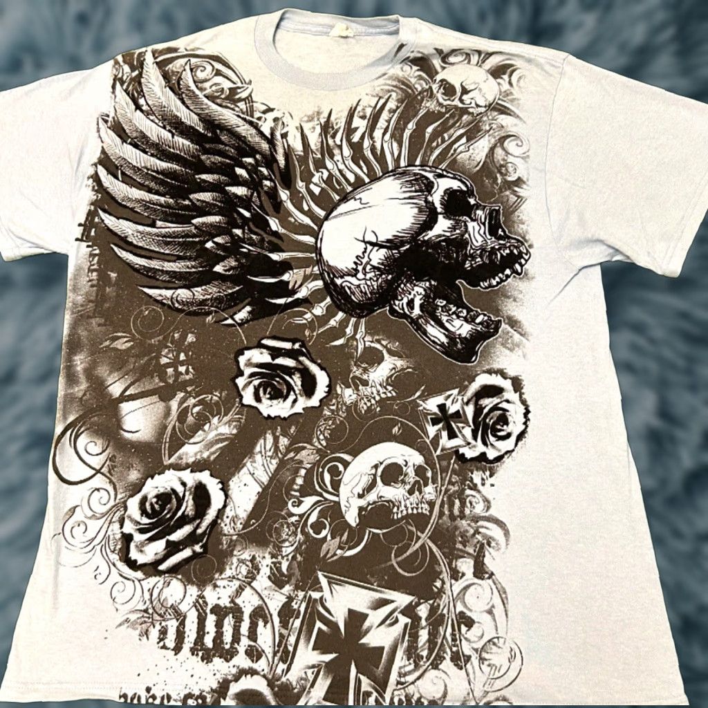 Vintage VINTAGE Unbranded T-Shirt Mens XL Blue Skull Wings Cross Rose Tattoo Grunge Punk Y2K Skater Shirt Size US XL / EU 56 / 4 - 1 Thumbnail