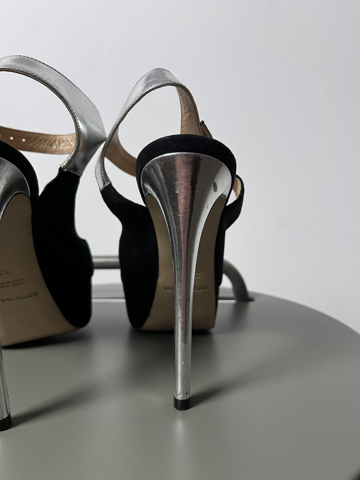 Emporio Armani Emporio Armani Black Suede Peep Toe Heels with Silver Straps Size US 6 / IT 36 - 14 Thumbnail