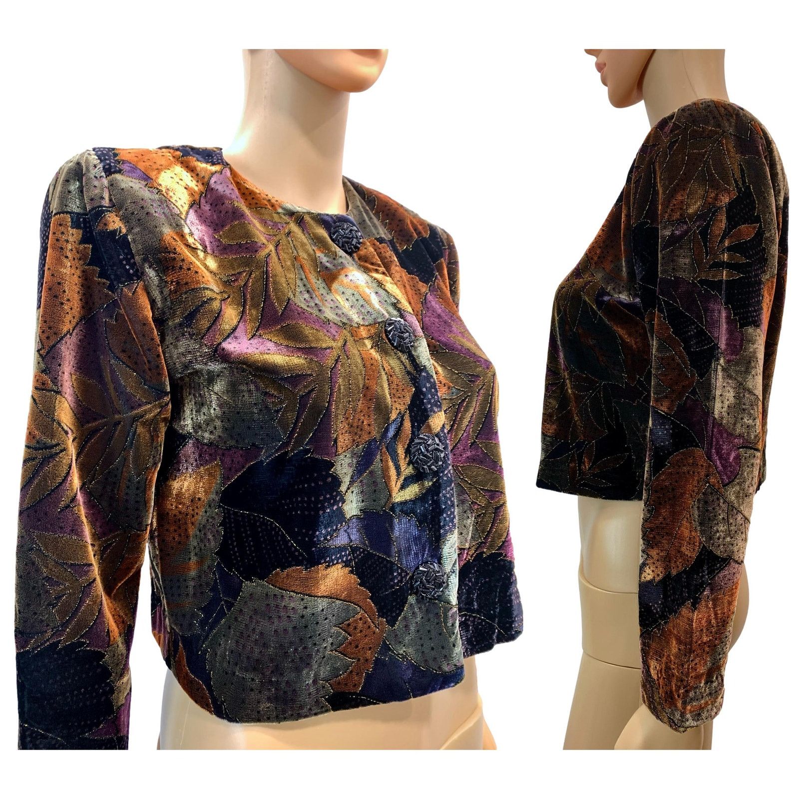 Vintage 80s Cropped Painted Velvet Jacket | Metallic Brown Purple Size S / US 4 / IT 40 - 7 Thumbnail