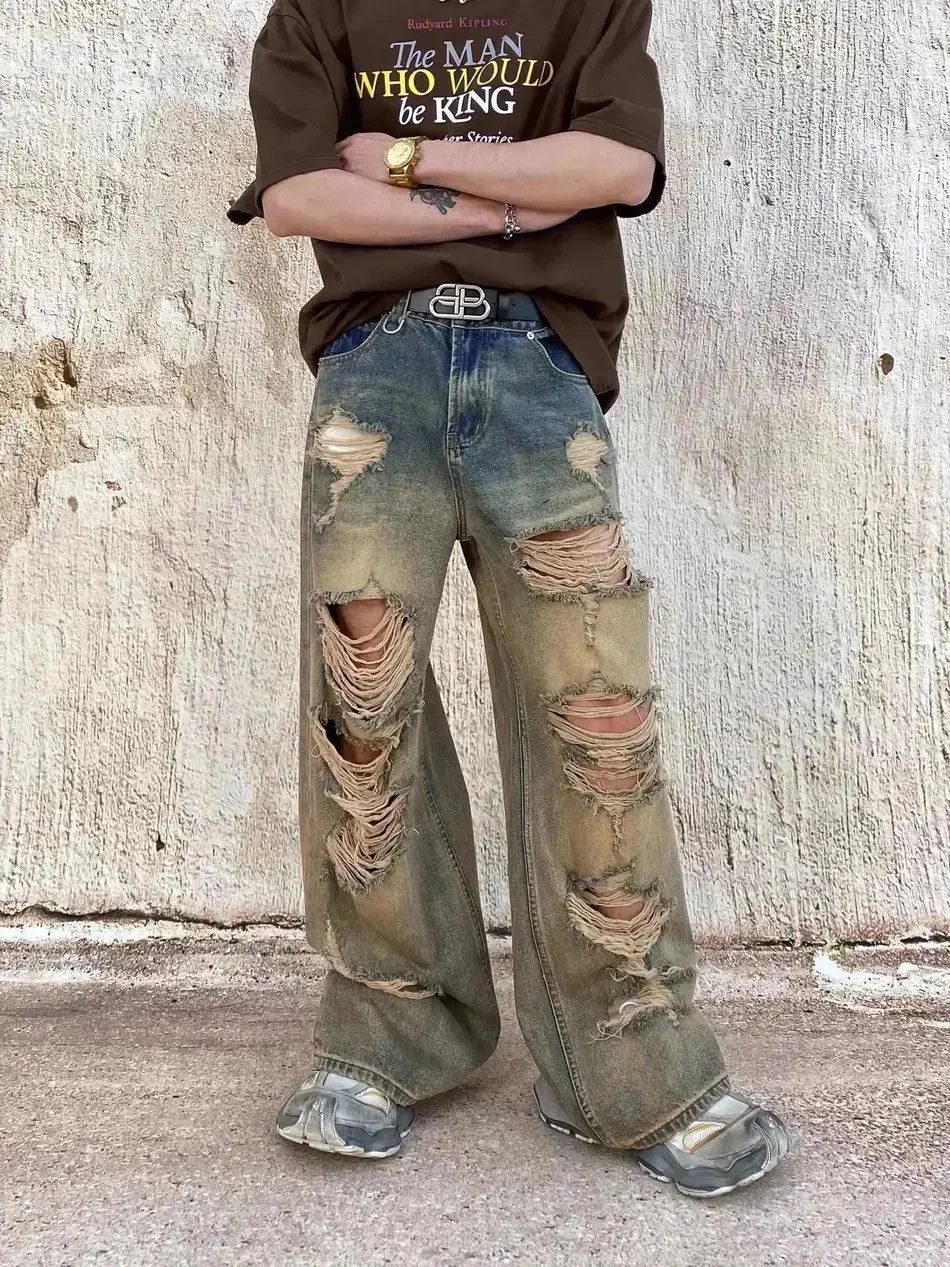Japanese Brand Retro loose fitting wide leg distressed jeans Size US 32 / EU 48 - 2 Thumbnail