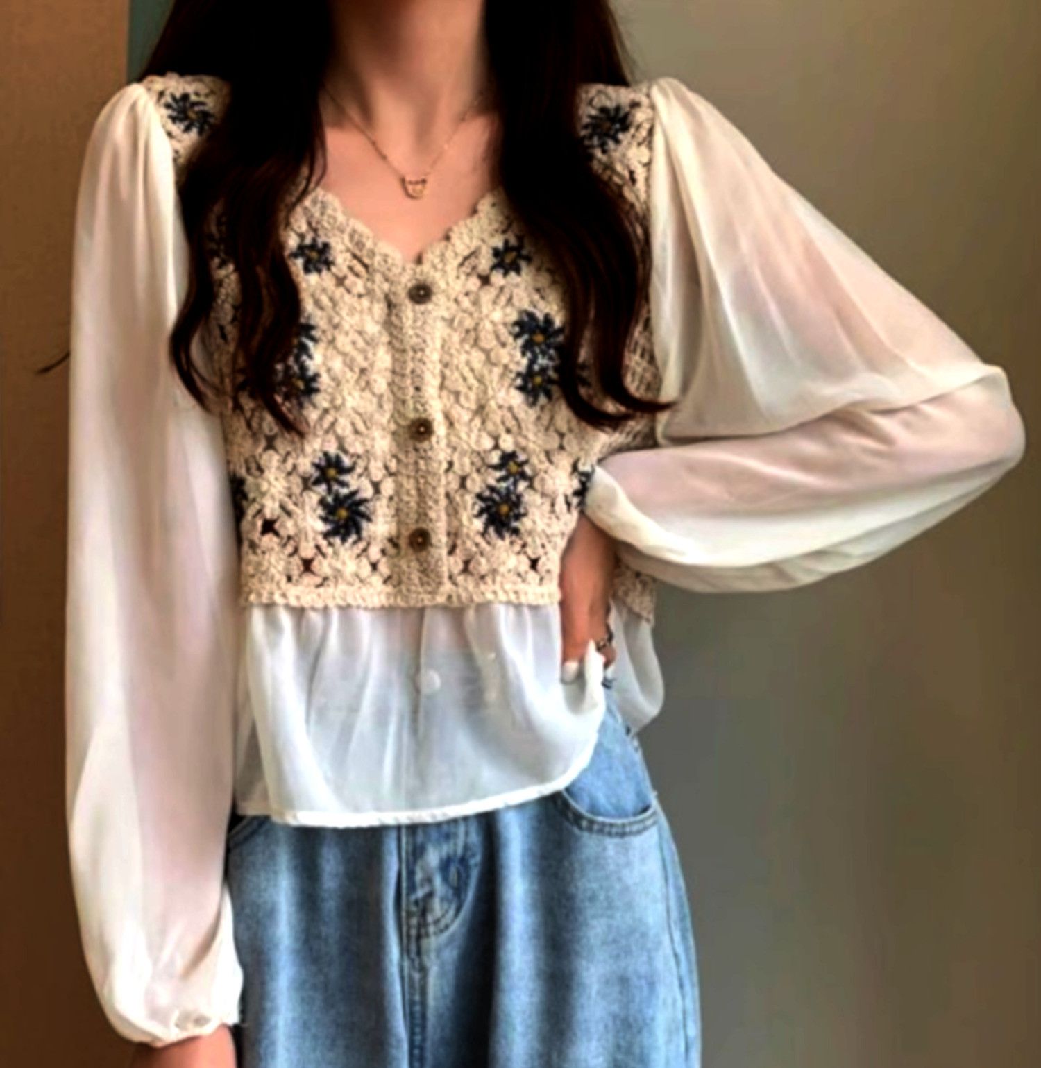 Designer × Japanese Brand × Vintage Vintage Boho Chiffon Patchwork Embroidery Ruffle Blouse Rave Size ONE SIZE - 4 Thumbnail