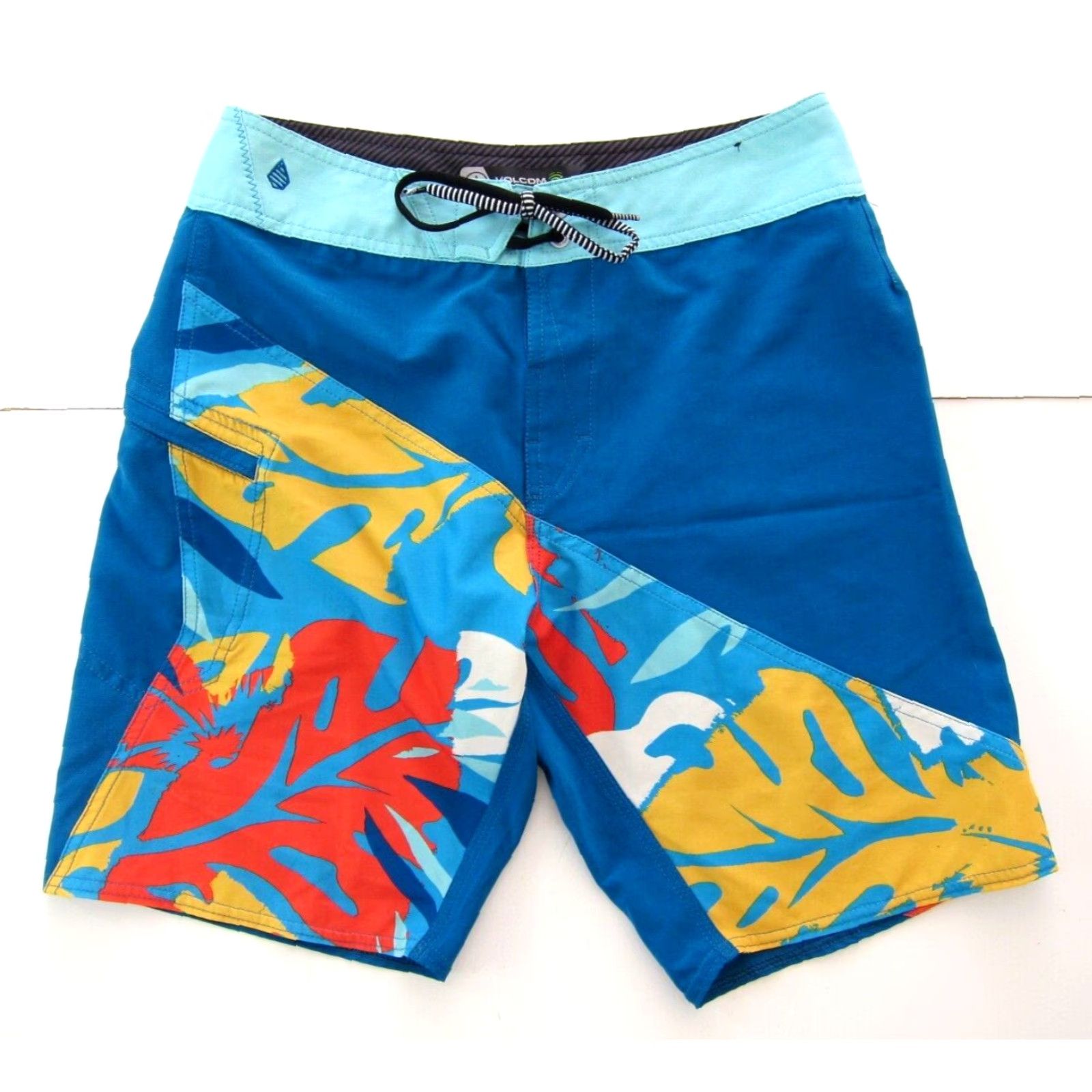 Volcom Volcom Mod Tech Board Short 29 Blue Red Yellow Pocket Stretch Surf Beach Swim Mens 30" Waist 11.5" Rise 41" Hip 9" Inseam Size US 29 - 2 Thumbnail