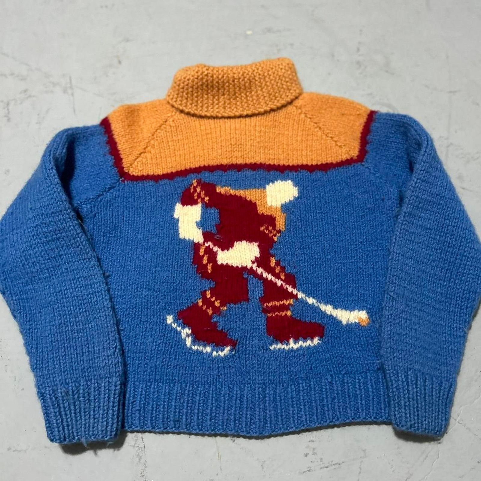 Rare 70s Vintage Zip Up Blue and Orange Knit Hockey Sweater
