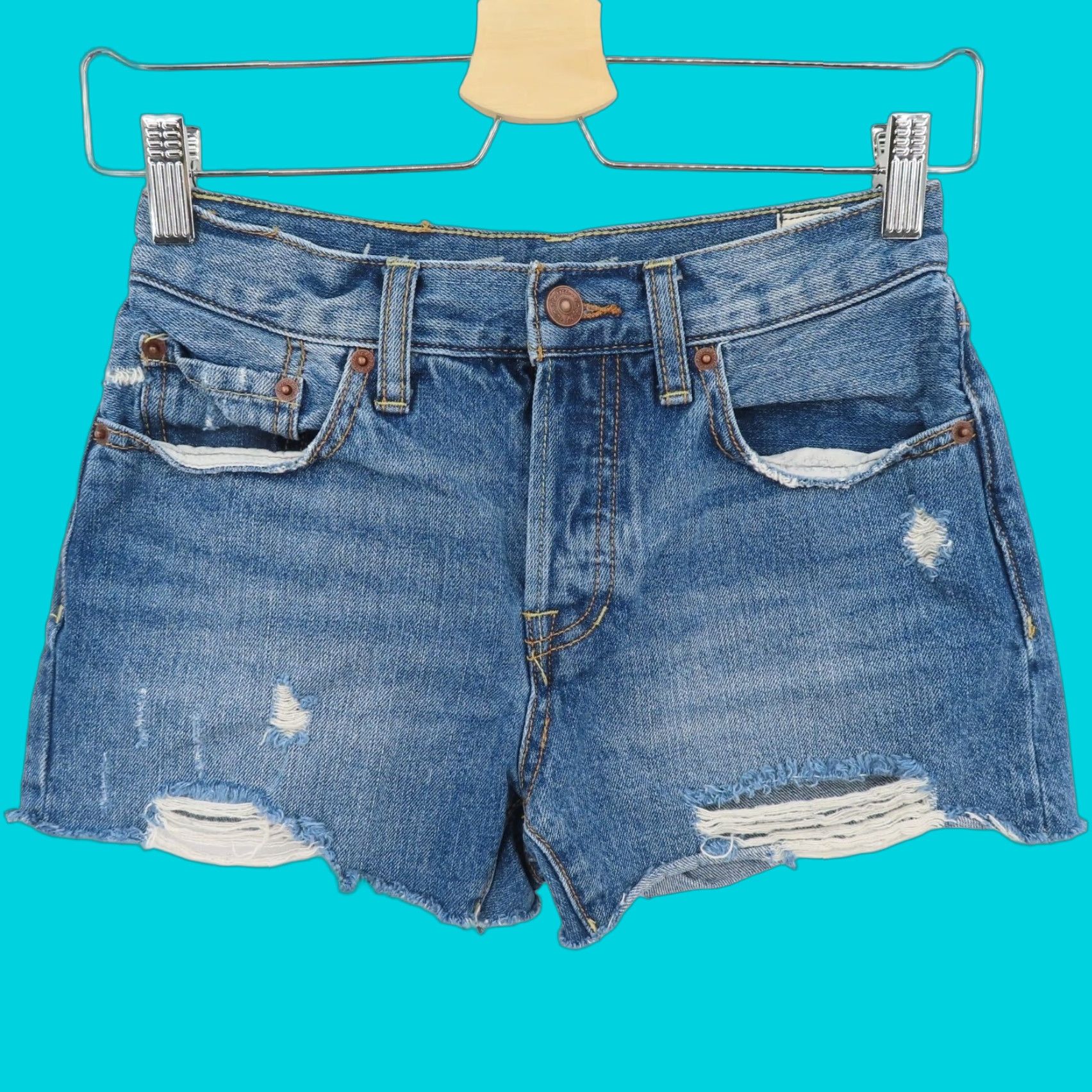 Free People Free People We The Free Women 24 Distressed Raw Hem Blue Denim Short Button Fly Shorts Regular Bohemian Casual Vintage? No Size 42" / US 20 - 1 Thumbnail