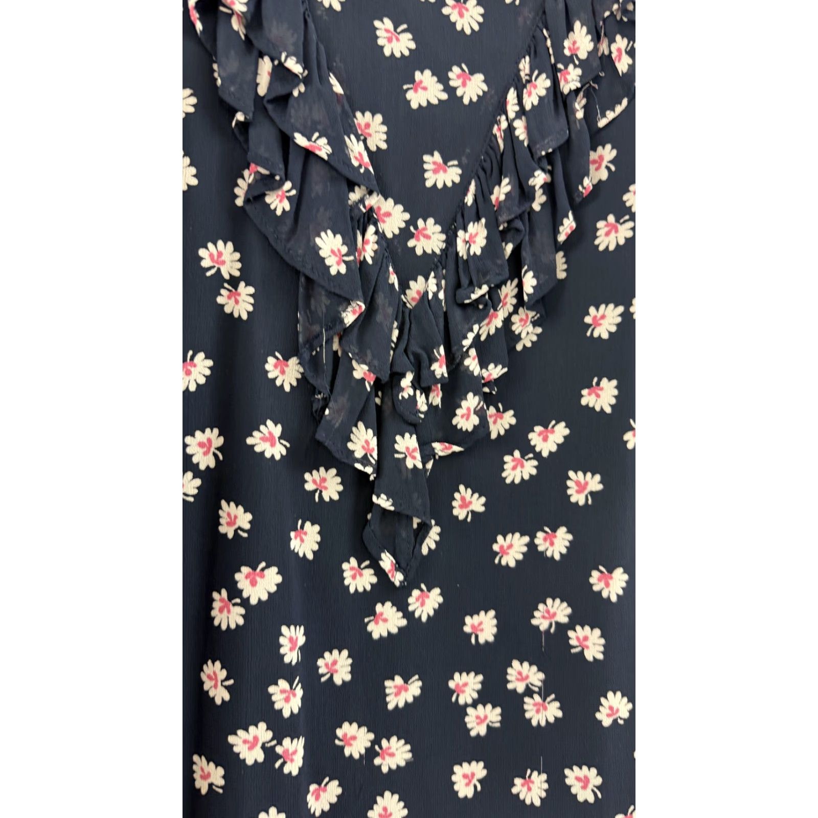 Ganni Ganni Dress Womens 34 Navy Blue Ruffle Georgette Daisy Floral Long Sleeve Mini Size XXS / US 00 / IT 34 - 4 Thumbnail