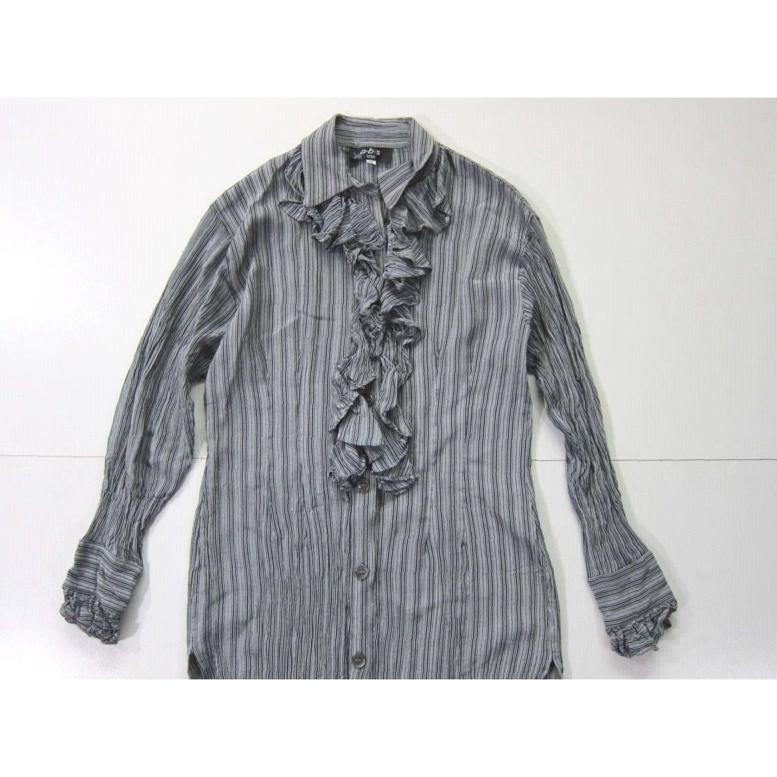 Vintage a.b.s USA Rayon Grey Black Stripe Ruffle Neck Long Sleeve Blouse Women S Size S / US 4 / IT 40 - 5 Thumbnail
