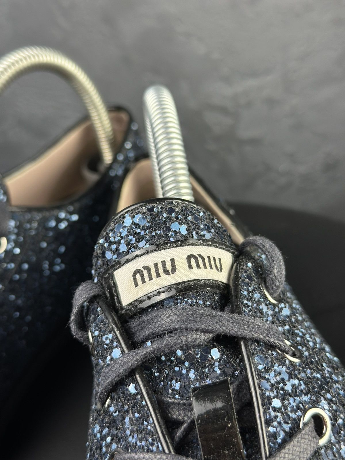 Miu Miu Glitter Dark Blue Studded Blue Trainer Sneakers - Main Image