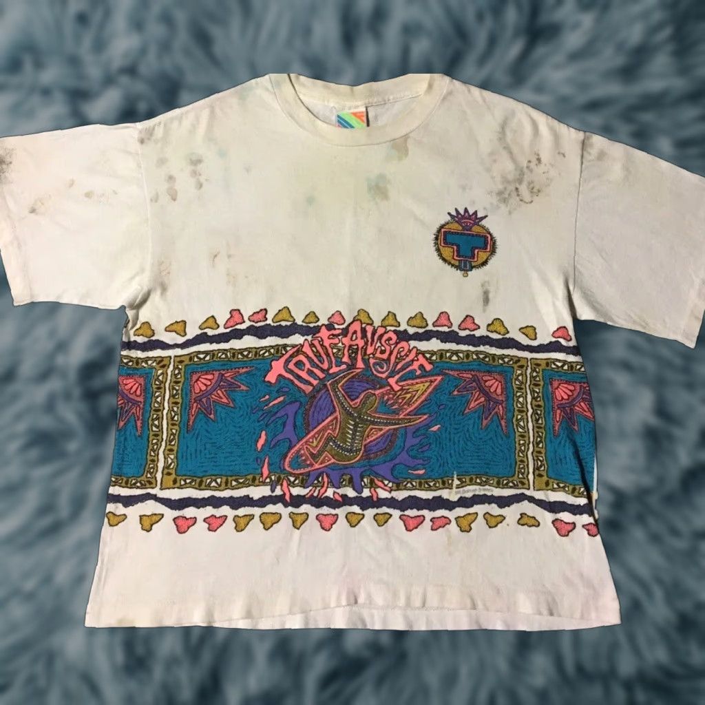 Vintage Vtg 90s True Aussie Surf Faded Distress All Over Print Shirt M White Mens Short Sleeve Shirt Street Grunge Surf USA 90s Hats? Size US M / EU 48-50 / 2 - 1 Thumbnail