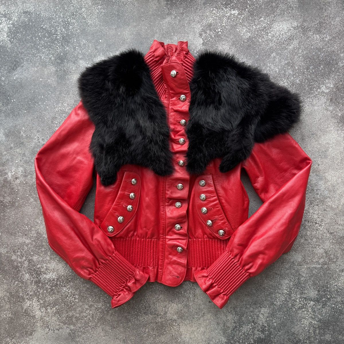 Vintage Faux Fur Details Red Genuine Leather Cropped Jacket