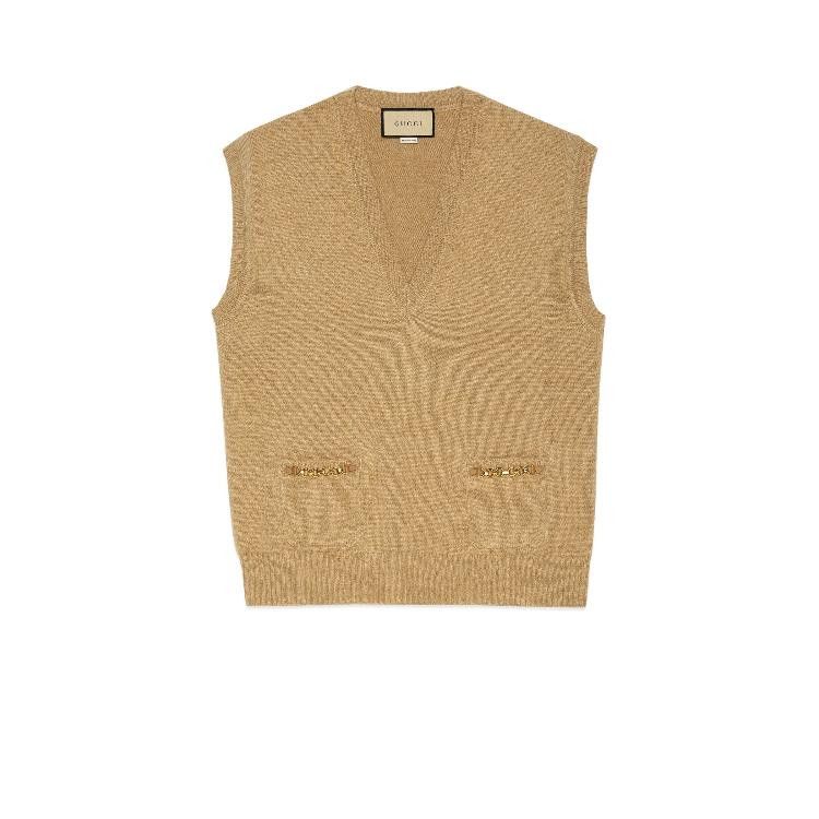 Gucci o1la5ras0526 Cashmere Vest With Chain Detail in Camel Size S / US 4 / IT 40 - 1 Thumbnail