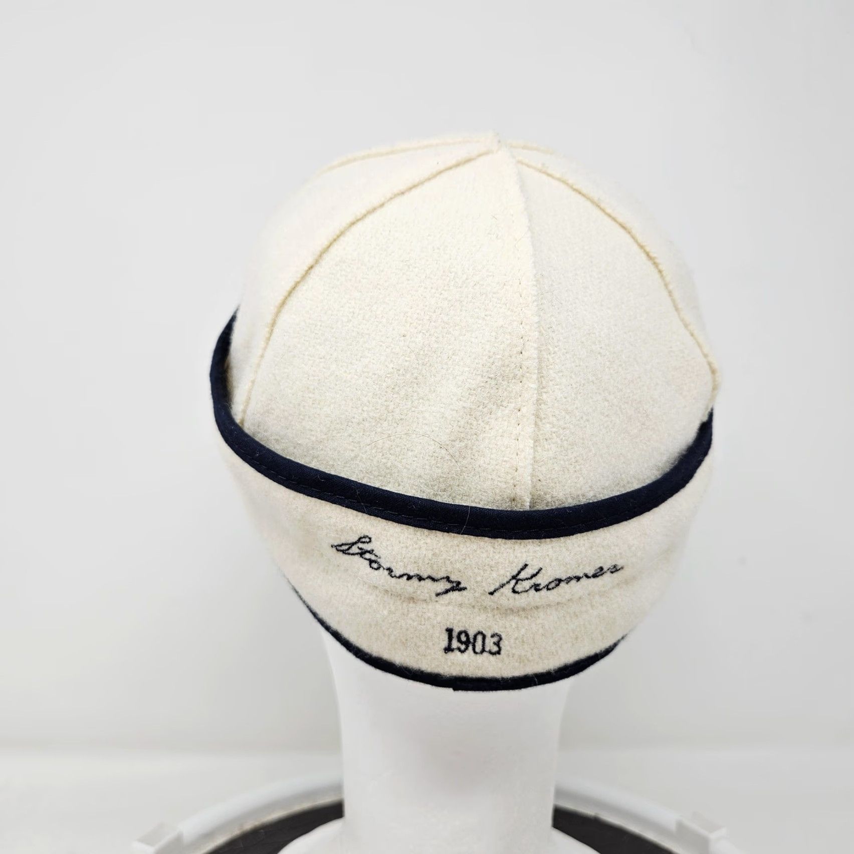 Vintage Stormy Kromer Hat Cap Fitted Womens 7 White Navy Flower Trapper USA Wool Winter Size ONE SIZE - 4 Thumbnail