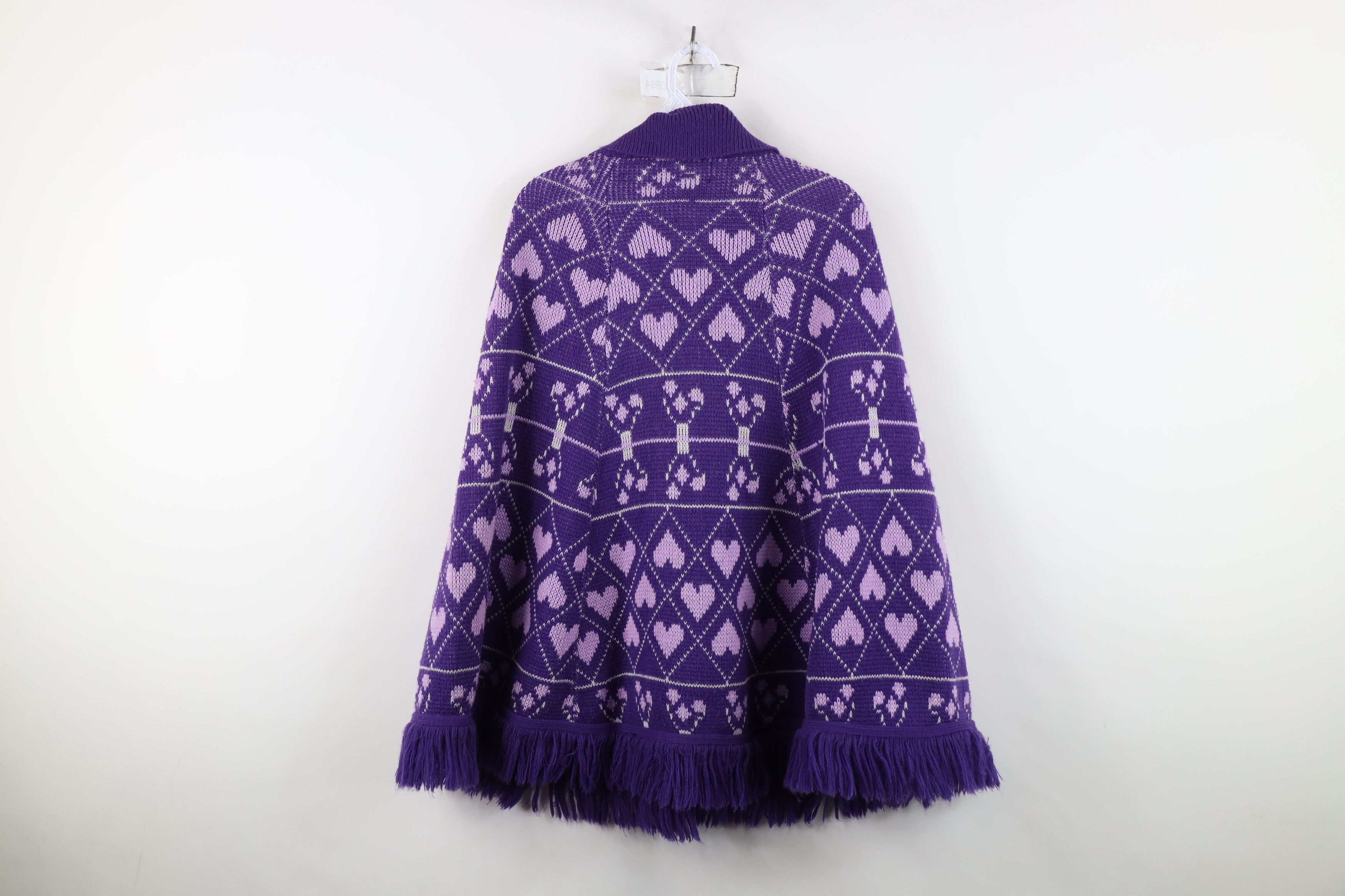 Vintage Vintage 70s Fairy Kei Kawaii Heart Knit Sweater Cape Purple Size ONE SIZE - 10 Thumbnail