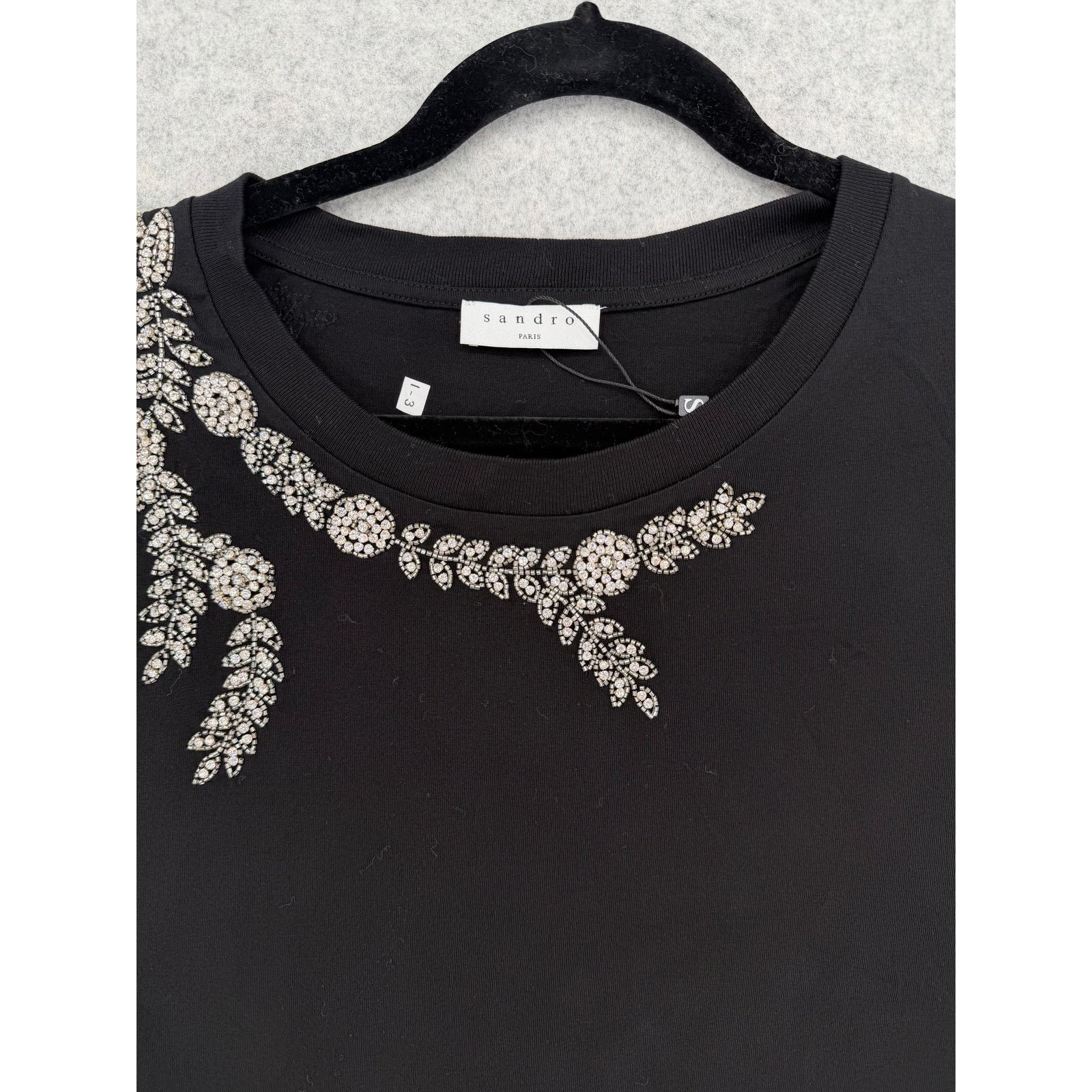 Sandro NEW Sandro Stras Beaded Rhinestone Embellished Black T-Shirt Size L / US 10 / IT 46 - 2 Thumbnail