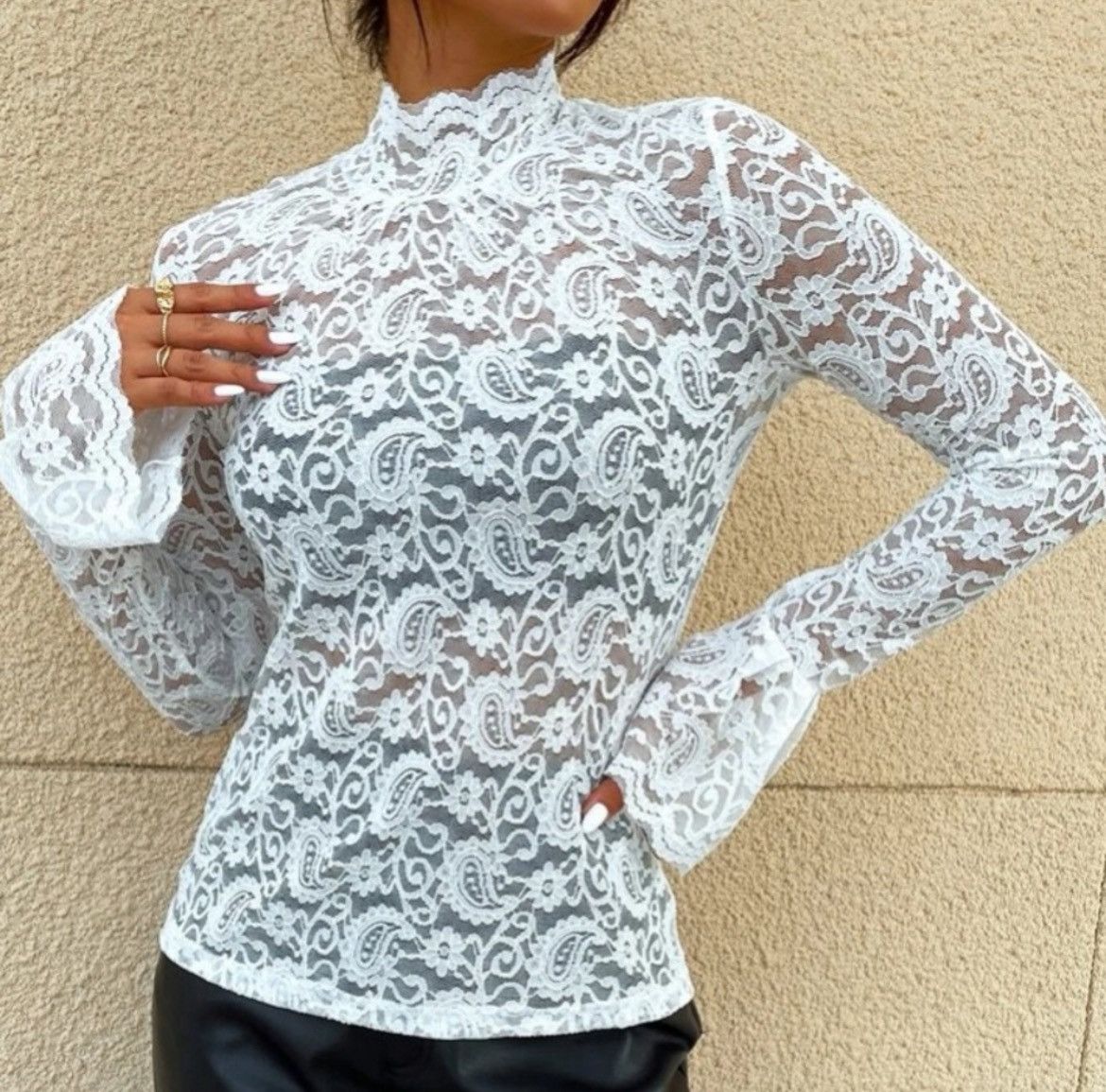 Designer × Other NWT, Lavishly Paris Women’s White Lace Mock Neck Size M / US 6-8 / IT 42-44 - 13 Thumbnail