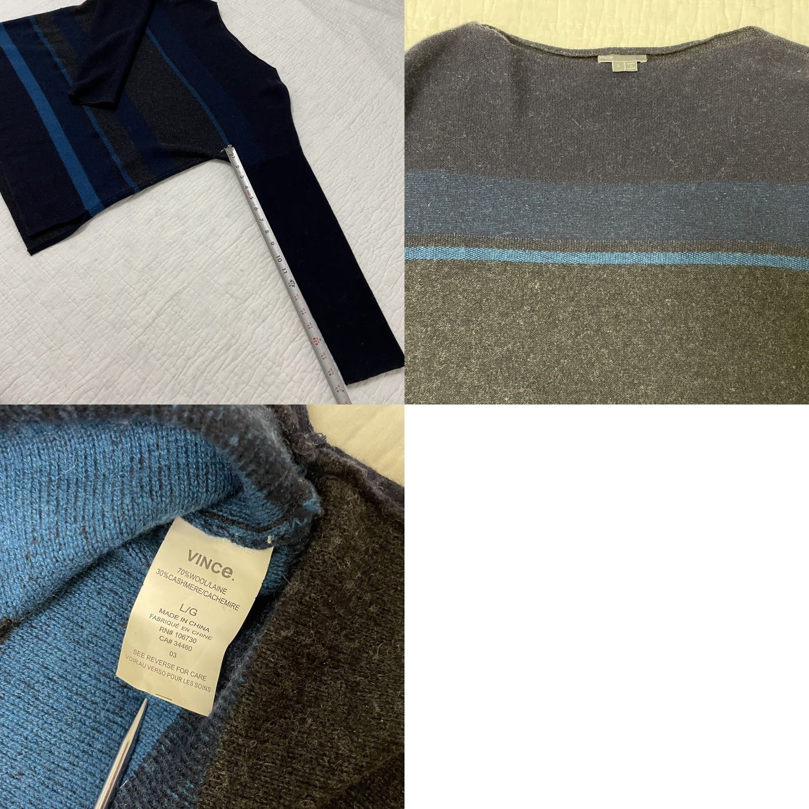 Vince Vince Women's Pullover Sweater L Gray Blue Green Wool Cashmere Oversized Dolman Sleeve Slouchy Knit Stripe Crew Neck Formal/Relaxed Fit Size L / US 10 / IT 46 - 8 Thumbnail