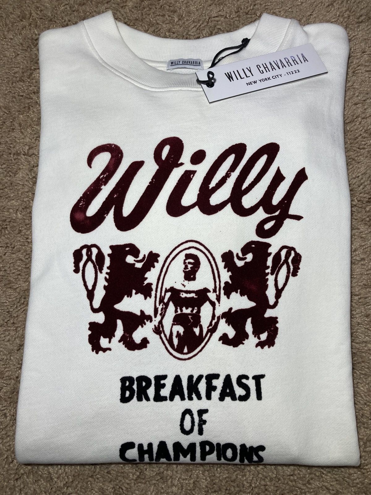 Pre-owned Willy Chavarria New  Breakfast Of Champions Sweatshirt Flock In White