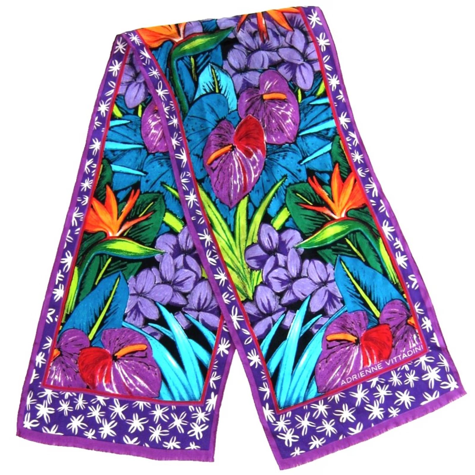 Vintage VTG ADRIENNE VITTADINI Silk Purple Green Tropical Floral Rectangle Scarf Womens 11" X 53" Vintage Floral Pattern Scarf Size ONE SIZE - 2 Thumbnail
