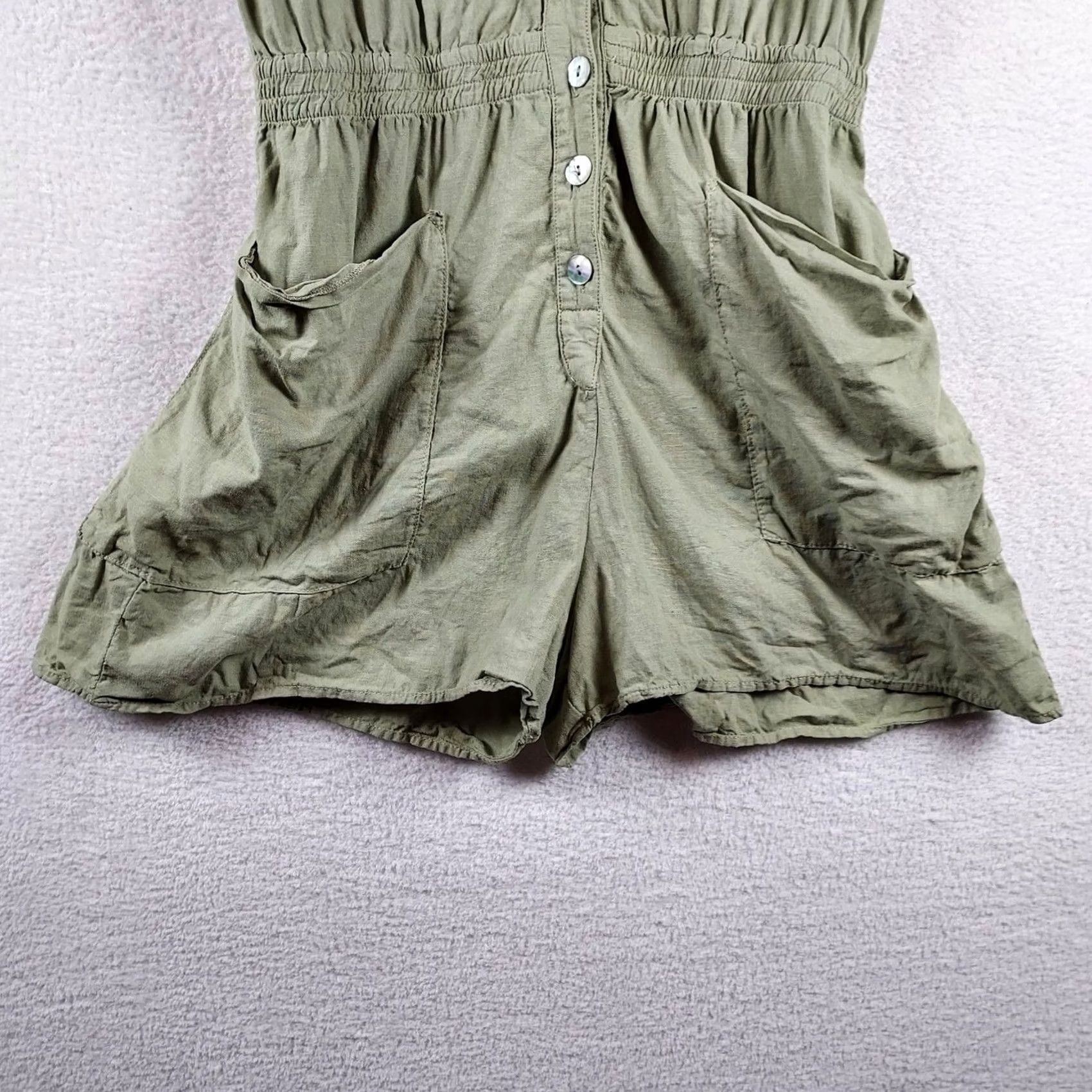 Zara Zara Romper Women's Green Linen Blend Button Front Short Sleeve Size M Casual Beach Bohemian Summer 2020s Green Color Size 32" / US 10 / IT 46 - 4 Thumbnail