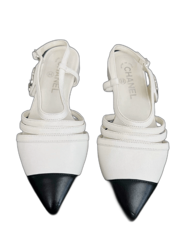 Chanel Chanel White and Black Slingback Flats Size US 8 / IT 38 - 1 Thumbnail