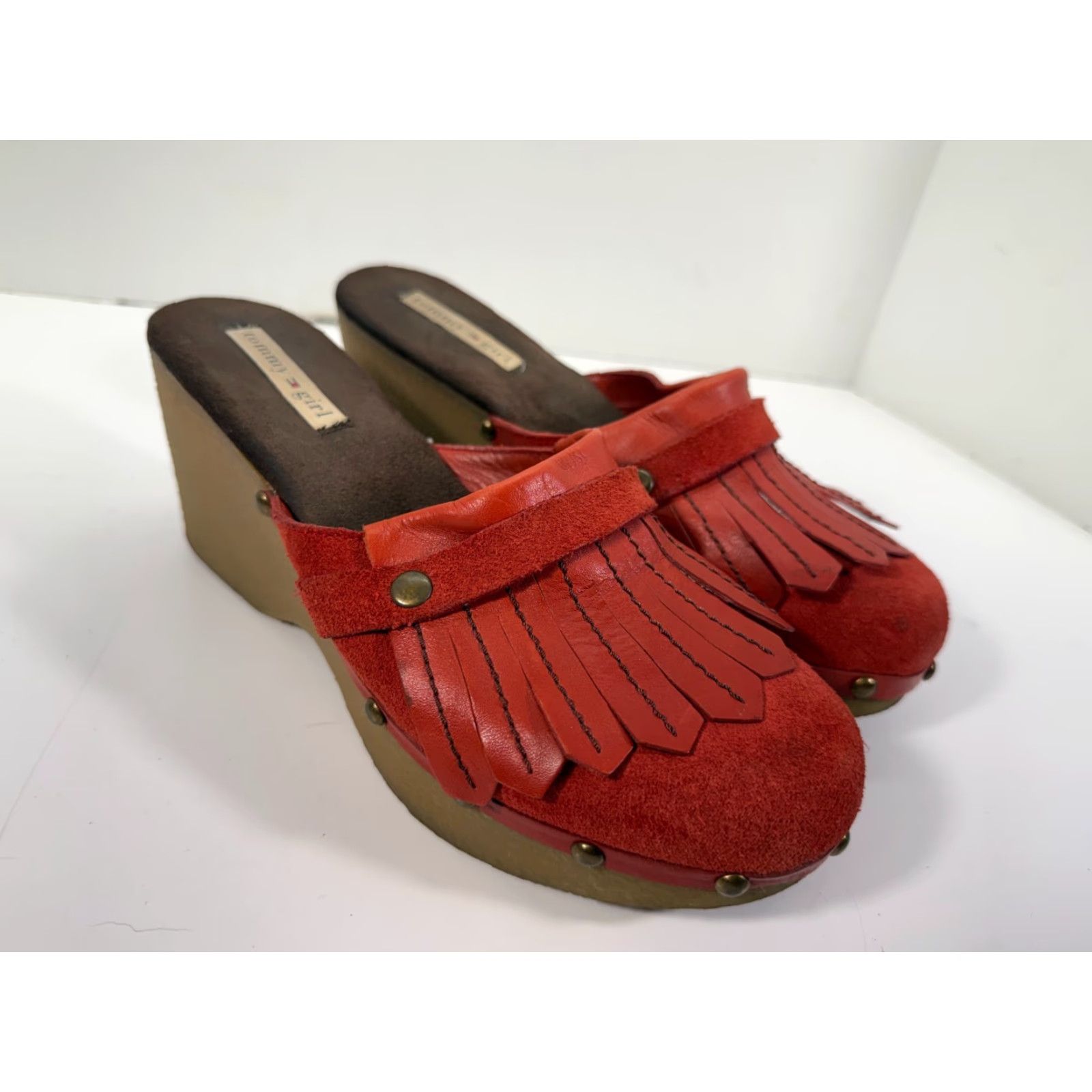 Tommy Hilfiger Tommy Hilfiger Women's Mule Wedge Heels Red Leather Fringe Studded Round Toe 8.5 M Size US 9 / IT 39 - 2 Thumbnail
