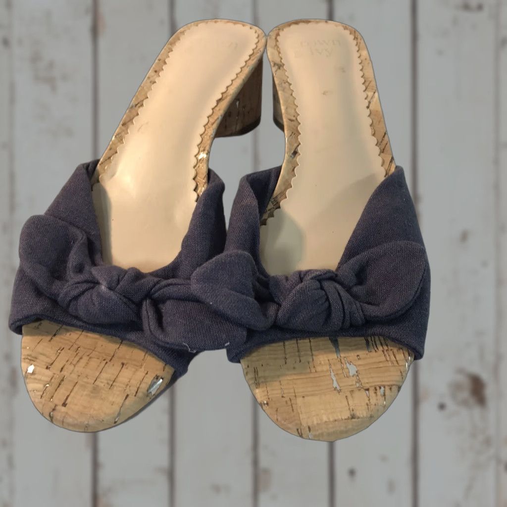 Vintage Crown & Ivy Navy Bow Slides Womens Size 9.5 2In Block Heel Shoes Casual Sandals in Blue