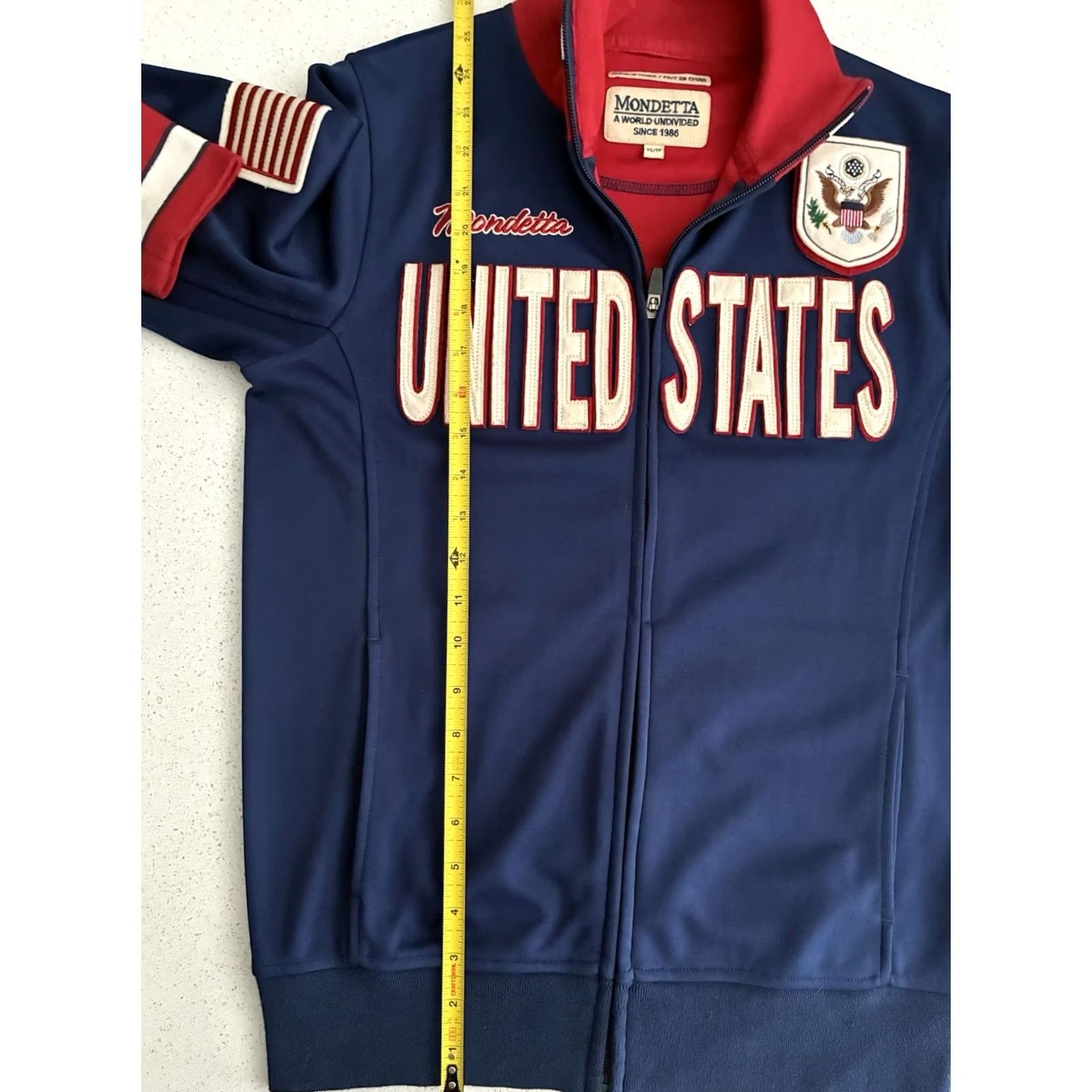 Vintage MONDETTA Track Jacket Men XS Blue USA Olympic Patch Full Zip Varsity Jacket Elastic Waist Short Jacket Solid Pattern Men Size US XS / EU 42 / 0 - 7 Thumbnail