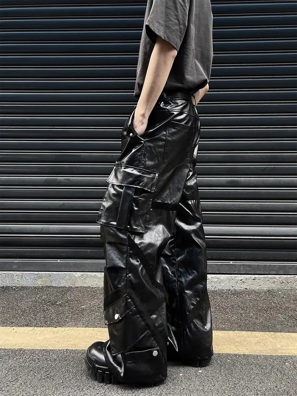 Large pocket wide leg leather pants
