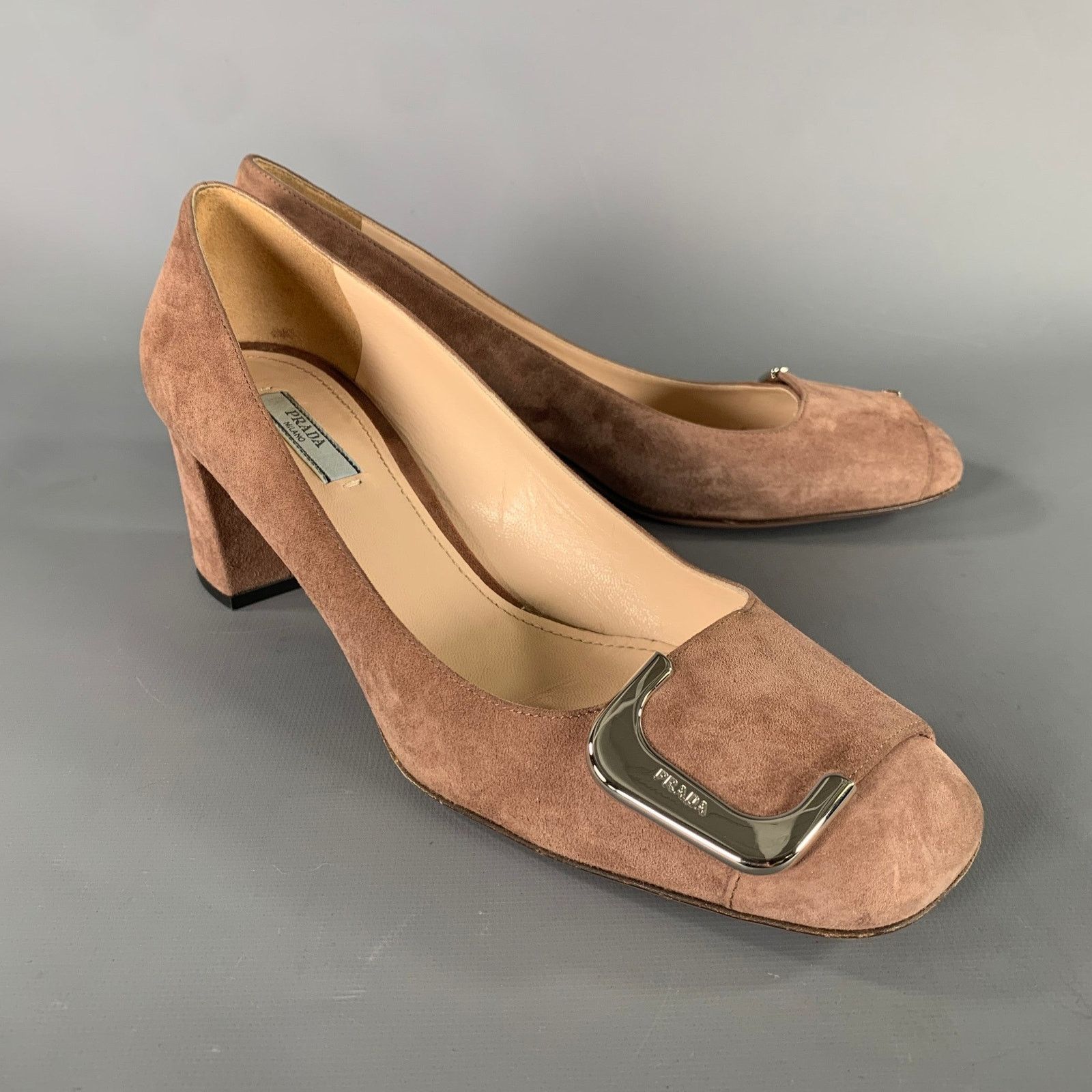 Prada PRADA Size 8.5 Khaki Silver buckle Suede Pumps Size US 8.5 / IT 38.5 - 1 Thumbnail
