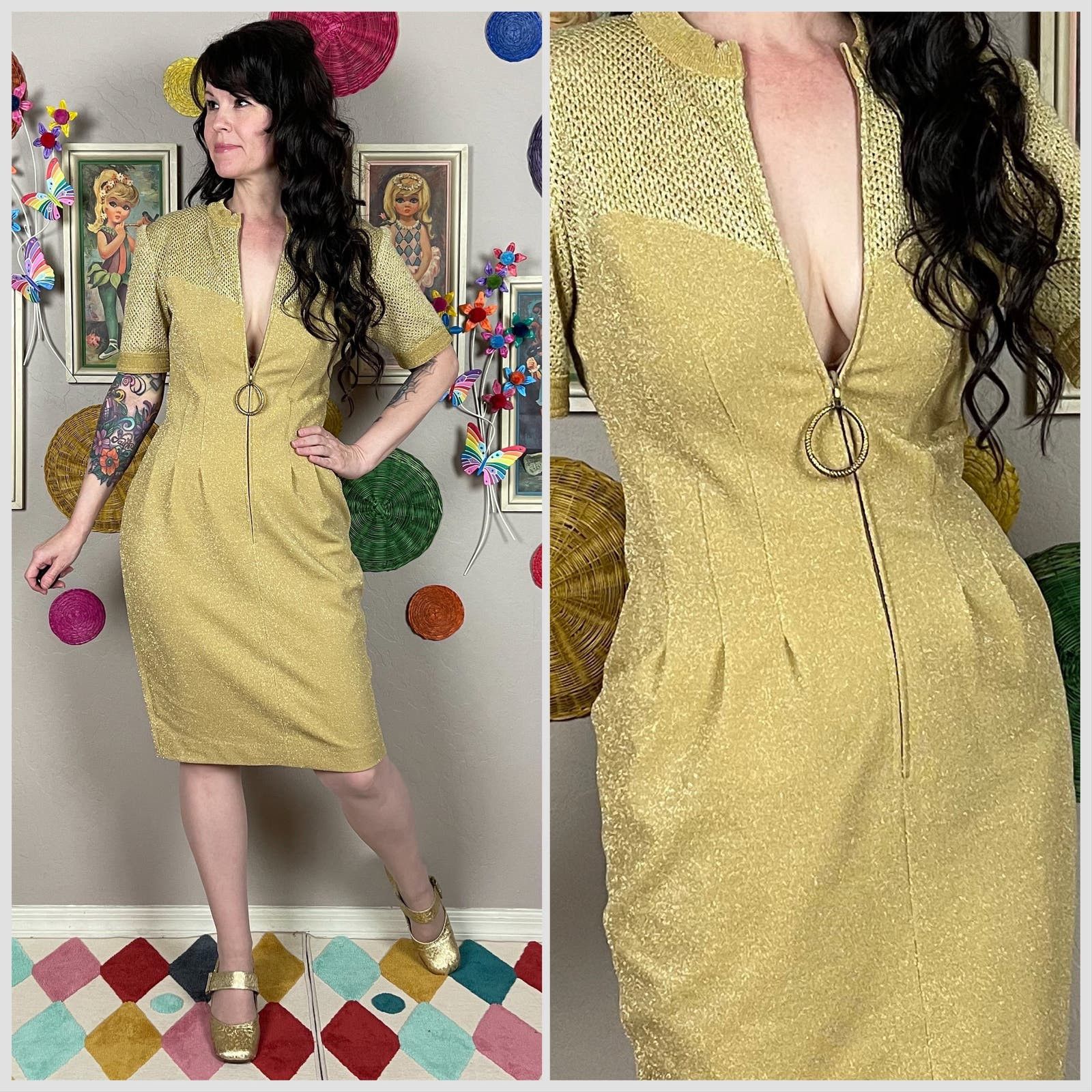 image of Vintage 1970S Metallic Gold Lurex O-Ring Short Sleeve Mini Dress, Women's (Size Medium)