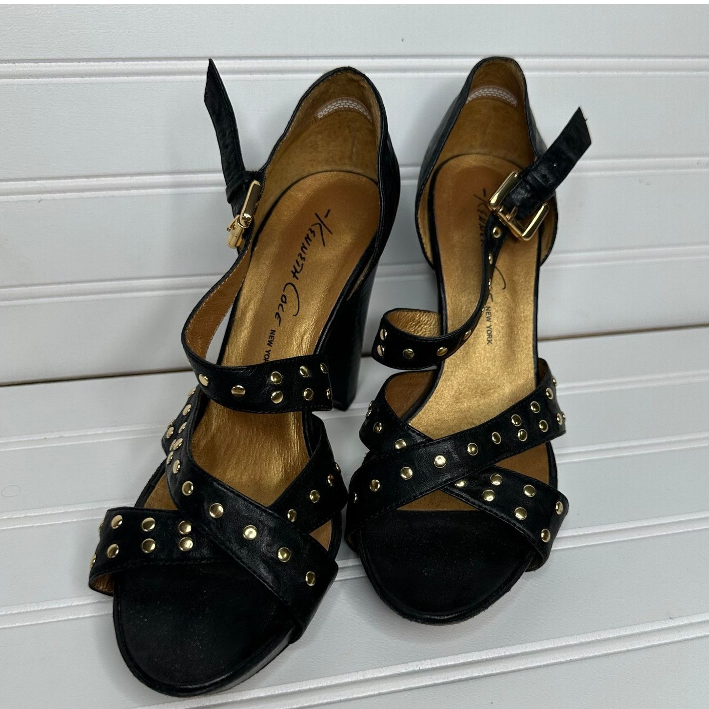 Kenneth Cole Kenneth Cole NY size 7 leather black strappy heels studded Size US 7 / IT 37 - 1 Thumbnail