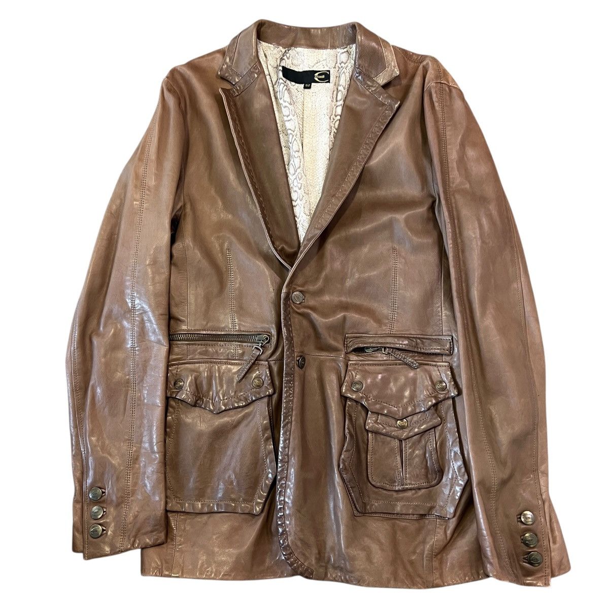 Just Cavalli Just Cavalli Asymmetric Pocket Distressed Leather Jacket Size US L / EU 52-54 / 3 - 1 Thumbnail