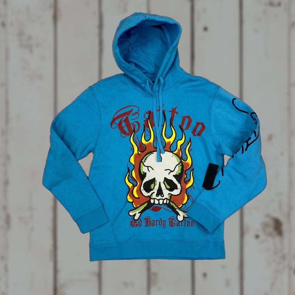 Ed Hardy Ed Hardy Hoodie Mens Medium Blue Skull Flames Tattoo Pullover Sweatshirt NWT Size US M / EU 48-50 / 2 - 1 Thumbnail
