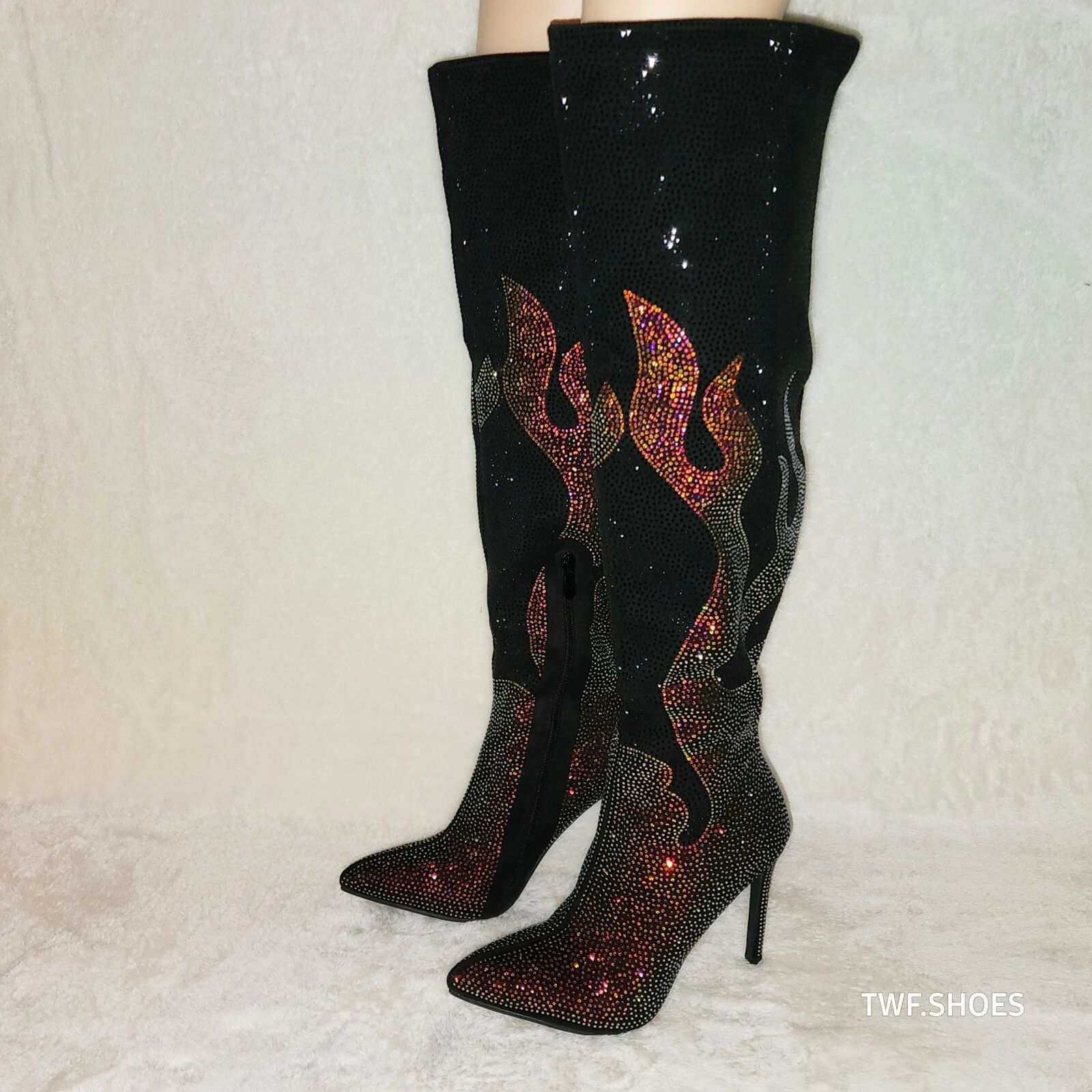 Other Like It Hot Black Rhinestone Flame Detail Sexy OTK High Heel Size US 10 / IT 40 - 2 Thumbnail