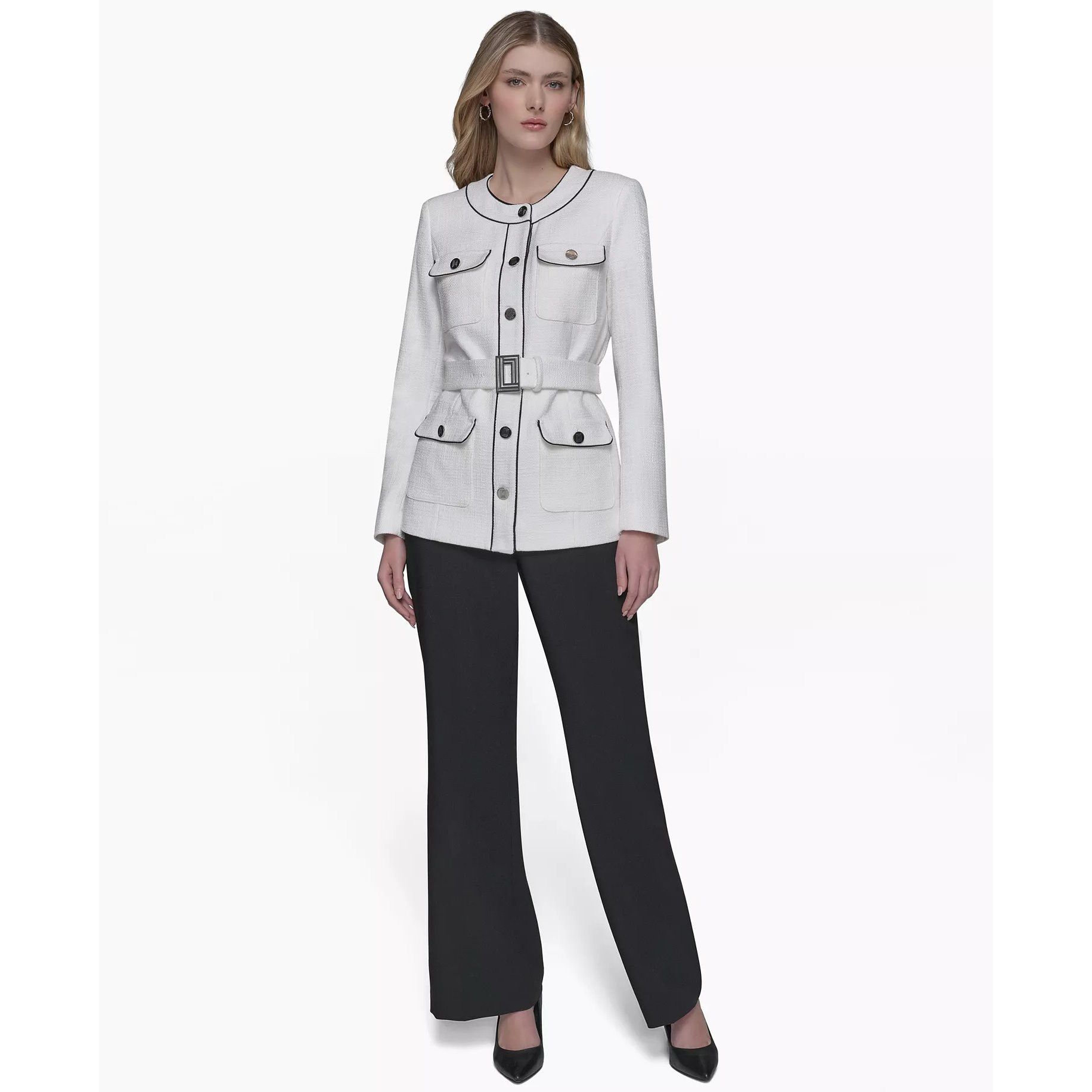 Karl Lagerfeld KARL LAGERFELD PARIS Womens Belted Contrast Tweed Jacket Size M / US 6-8 / IT 42-44 - 3 Thumbnail