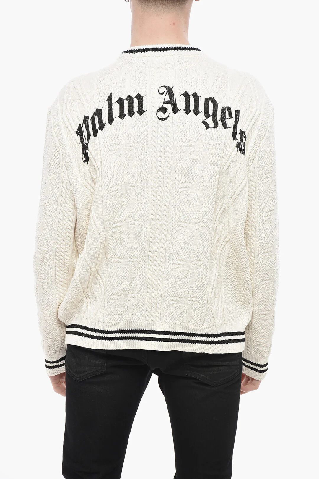 Palm Angels og1mm0326 Cotton-Blend Cable Knit Crewneck Sweater in white Size US S / EU 44-46 / 1 - 2 Thumbnail