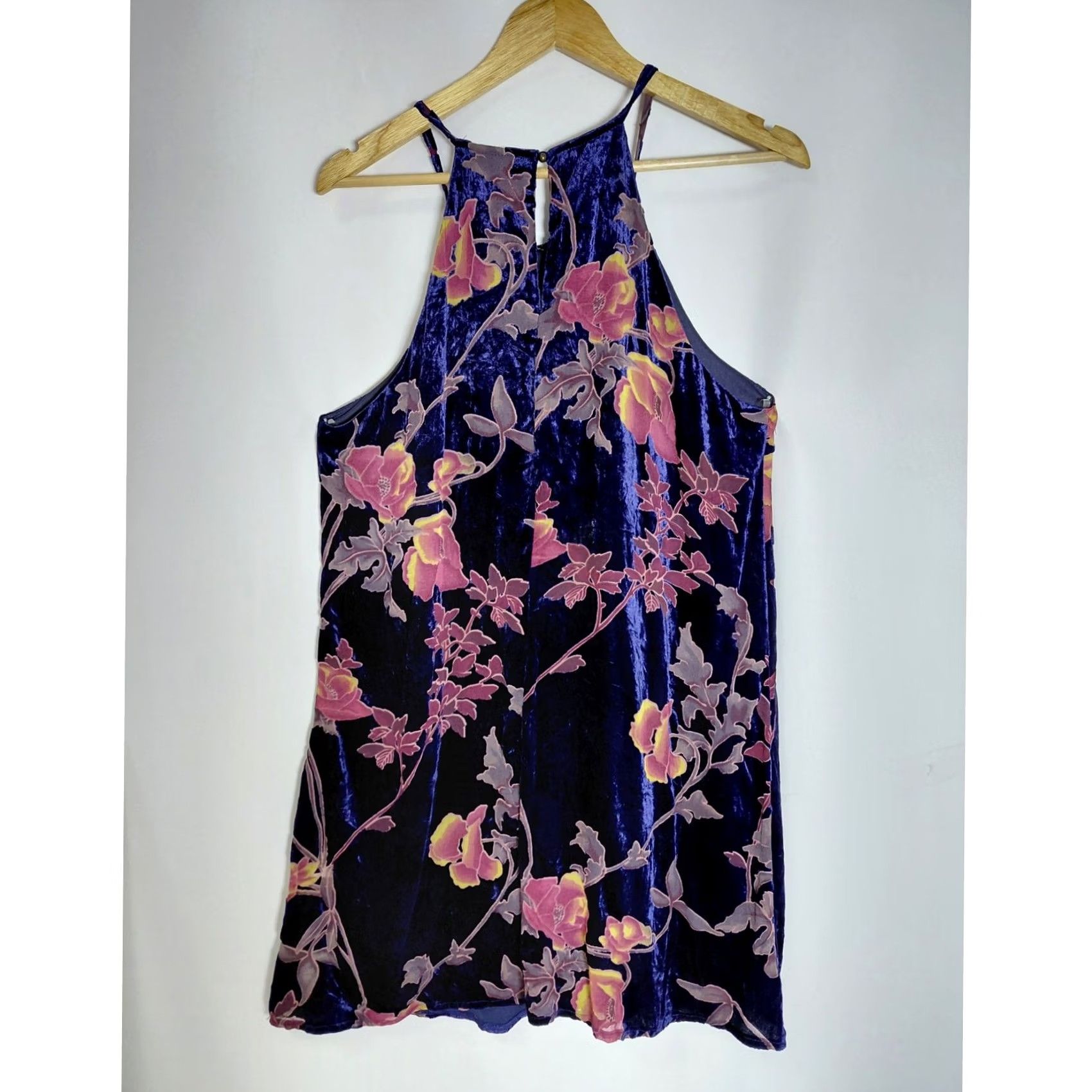 Velvet Entro Floral Velvet Dress Blue Sleeveless Halter Short Size L Size 36" / US 14 / IT 50 - 2 Thumbnail