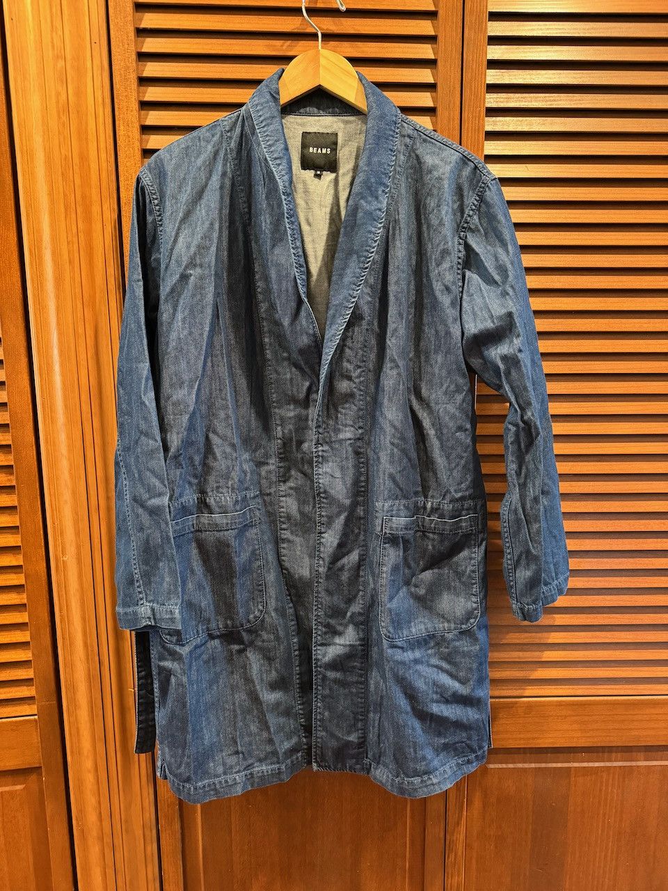 image of Beams Plus Beams Belted Denim Cardigan in Blue Denim, Men's (Size Medium)