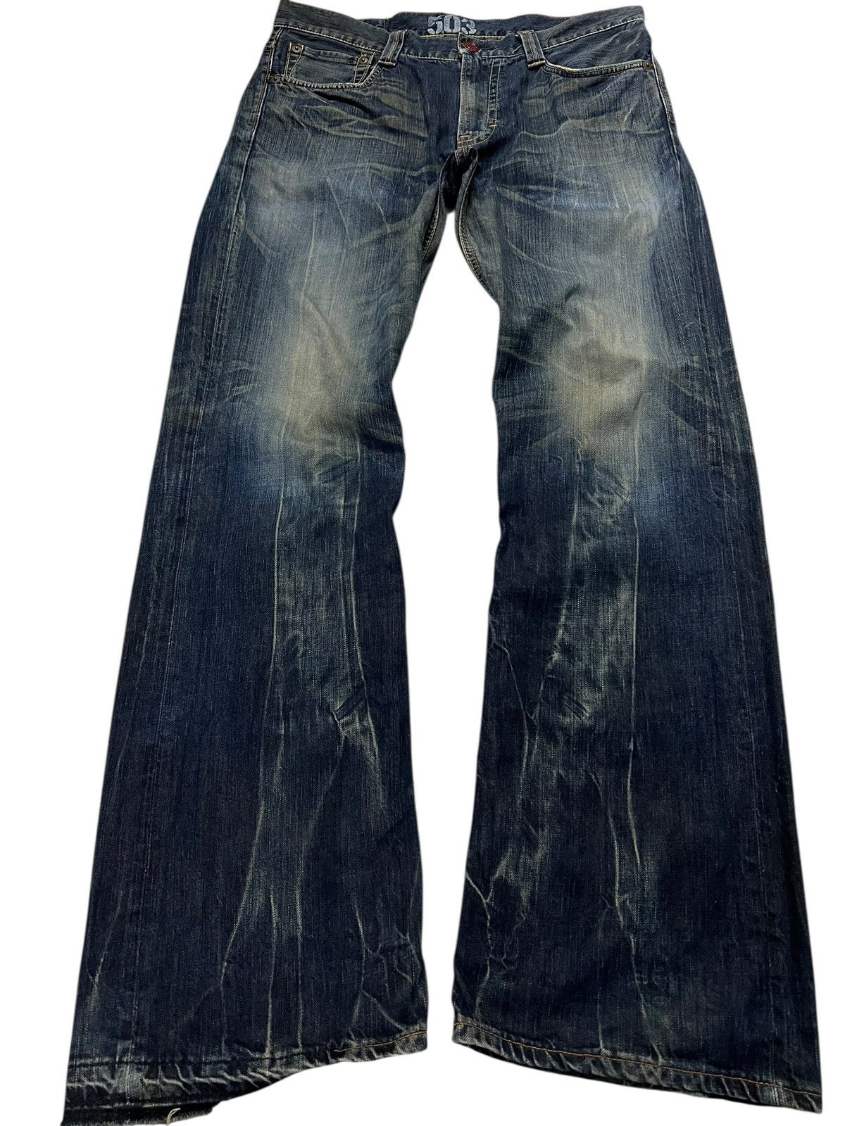 Edwin × Vintage 💥Flare💥Edwin 503 Blue Trip Distress Jean Size US 35 - 1 Thumbnail