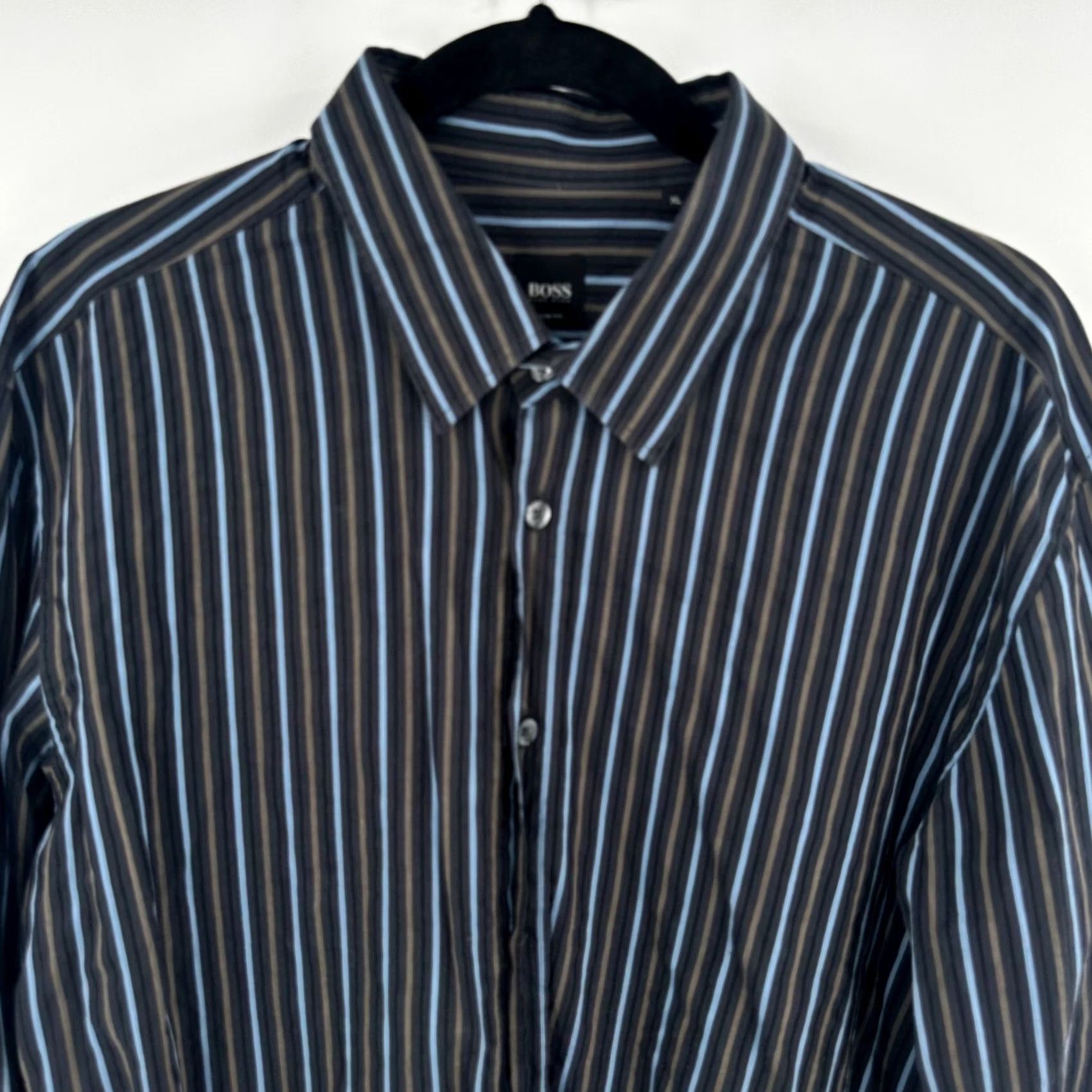 Hugo Boss HUGO BOSS Slim Fit Shirt Men XL Blue Brown Striped Button-Down Italy Long Sleeve Dress Shirt Size US XL / EU 56 / 4 - 3 Thumbnail