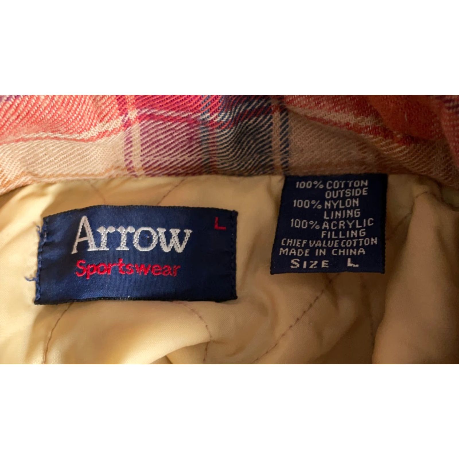 Arrow VINTAGE Arrow Shacket Jacket Quilted L Beige Red Plaid Mens Large Size US L / EU 52-54 / 3 - 4 Thumbnail